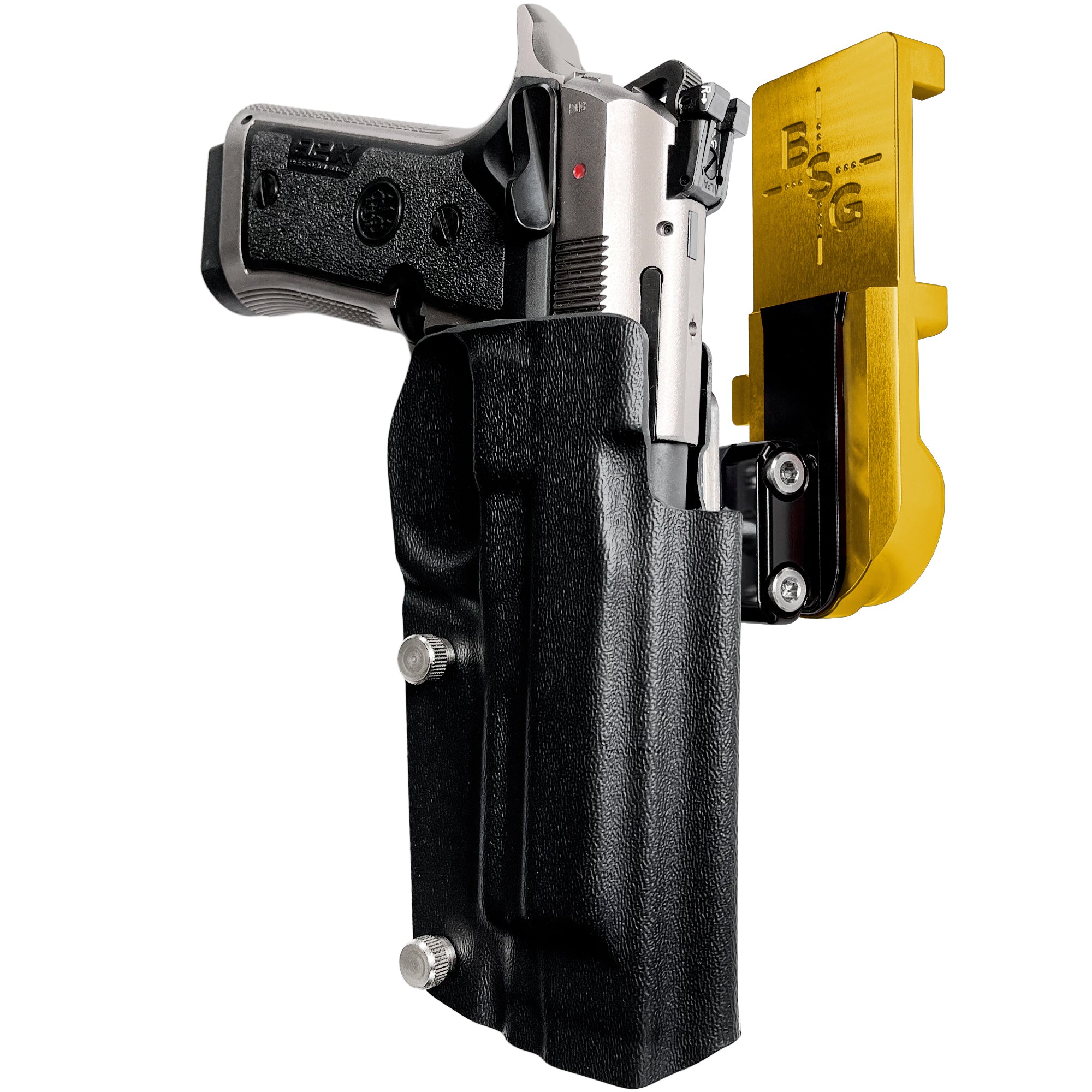 Beretta 92X Perf IPSC/USPA Quick Mount Ball Joint Holster with 24K Gold Belt Attachment, Black Holster Shell