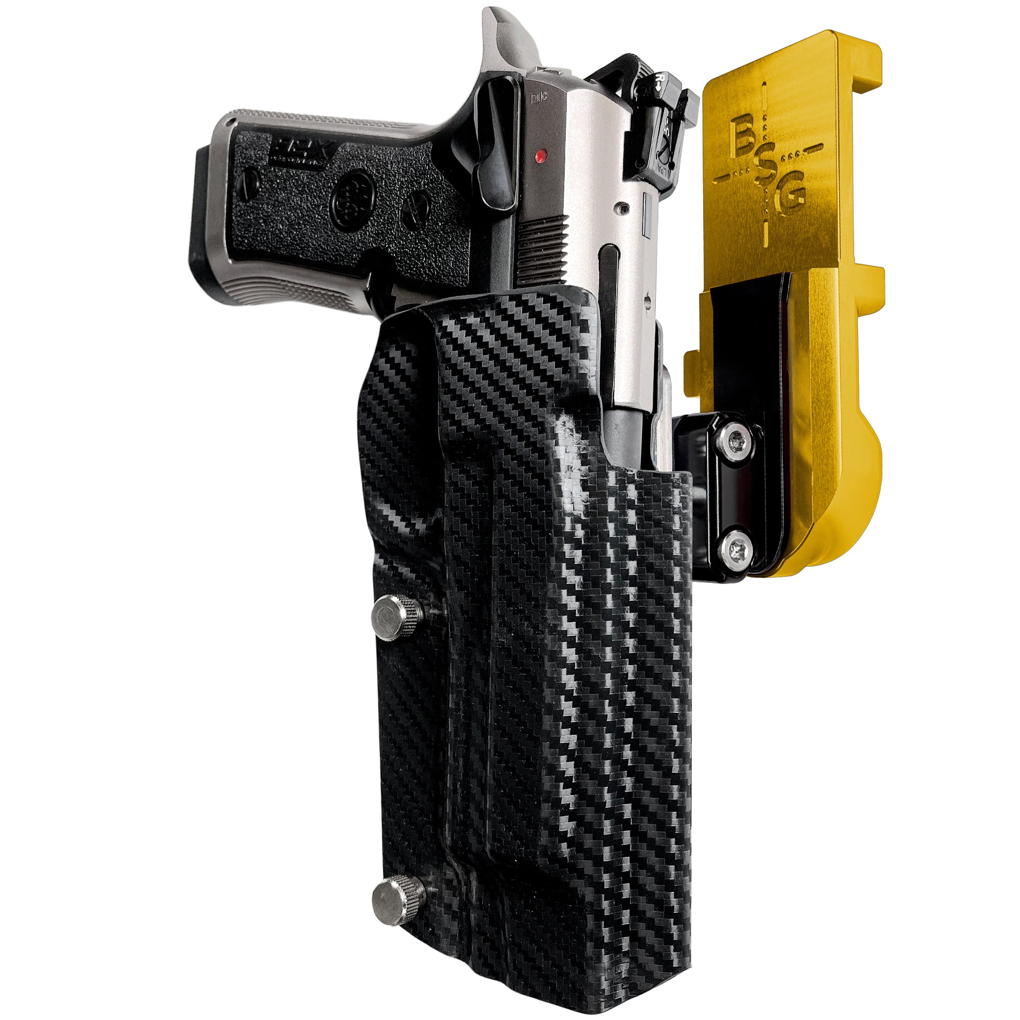 Beretta 92X Perf IPSC/USPA Quick Mount Ball Joint Holster with 24K Gold Belt Attachment, Carbon Fiber Holster Shell