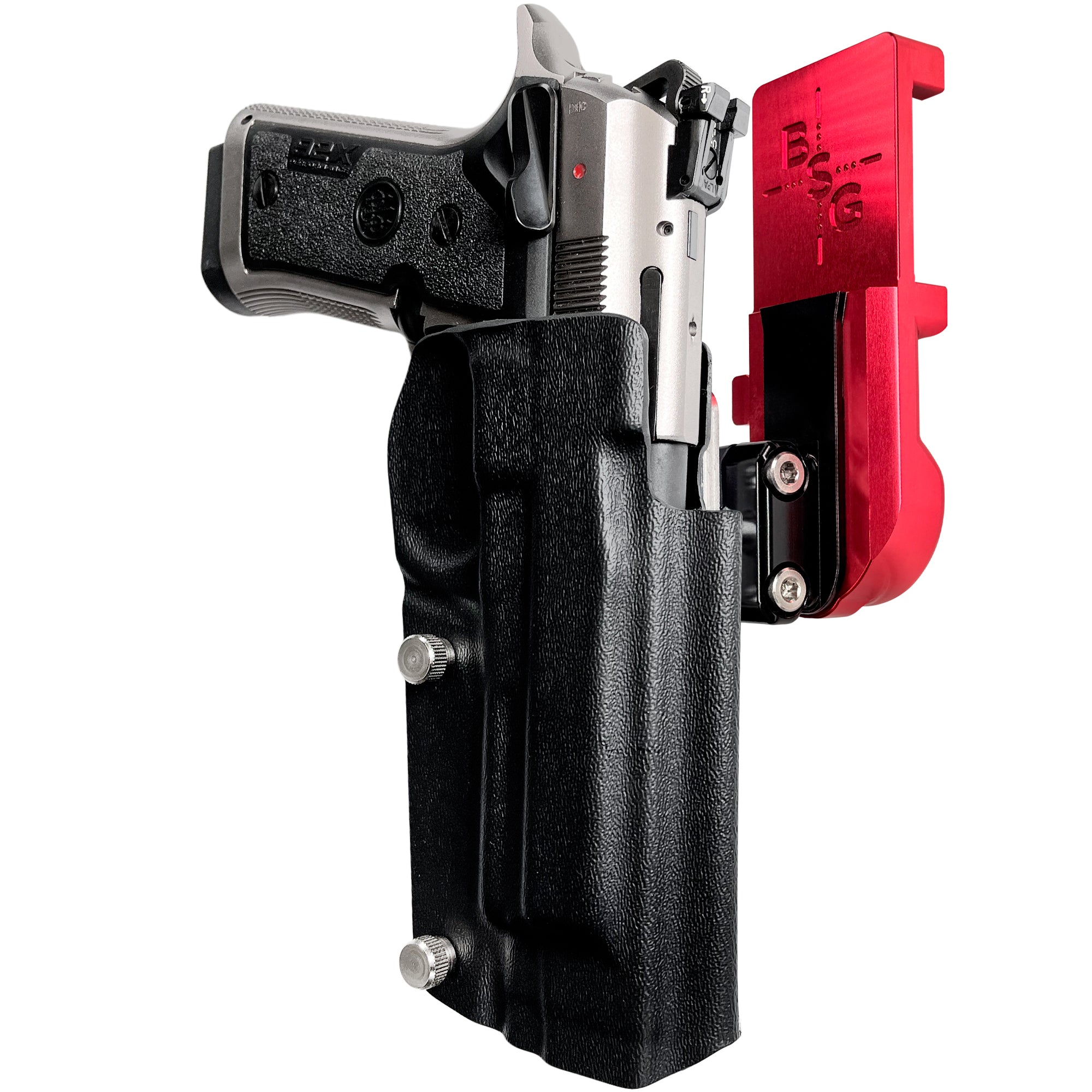 Beretta 92X Perf IPSC/USPA Quick Mount Ball Joint Holster with Red Belt Attachment, Black Holster Shell