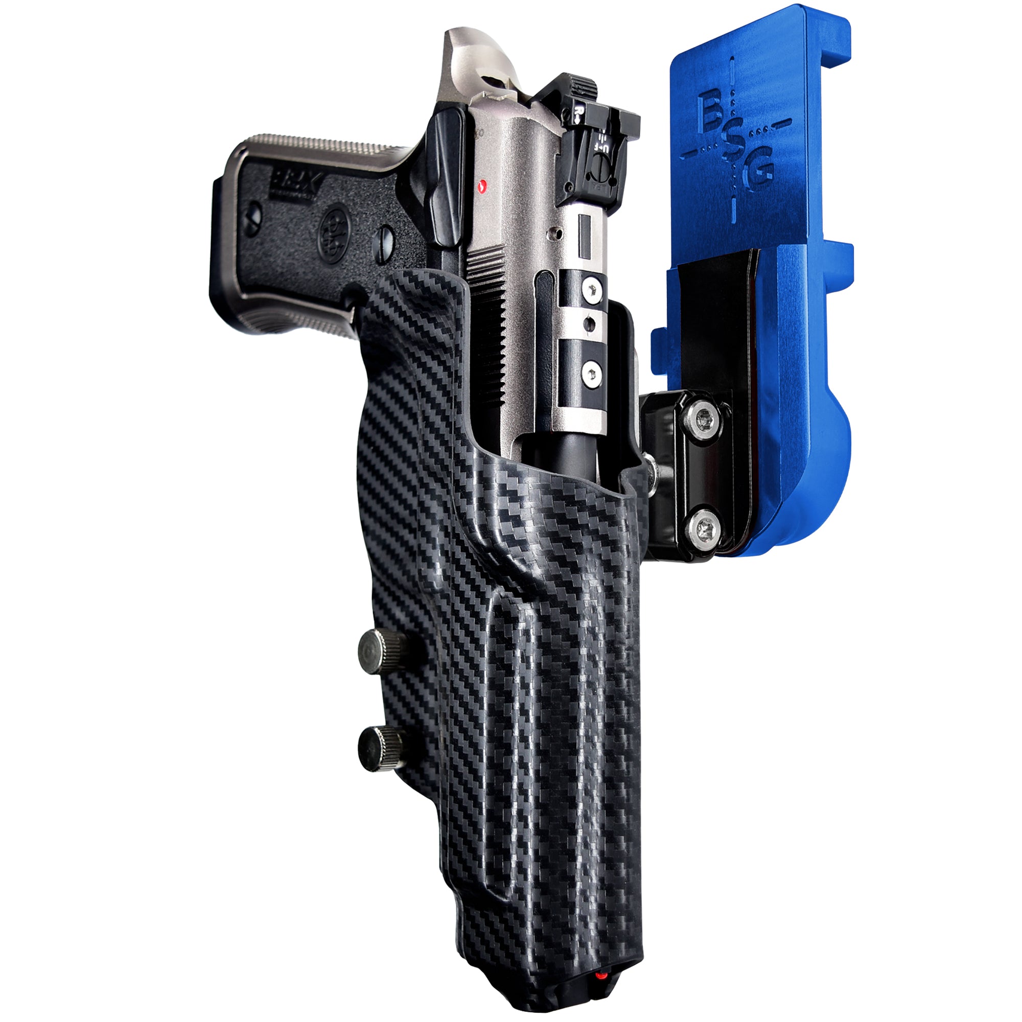 Beretta 92X Perf Def IPSC/USPA Quick Mount Ball Joint Holster with Blue Belt Attachment, Carbon Fiber Holster Shell
