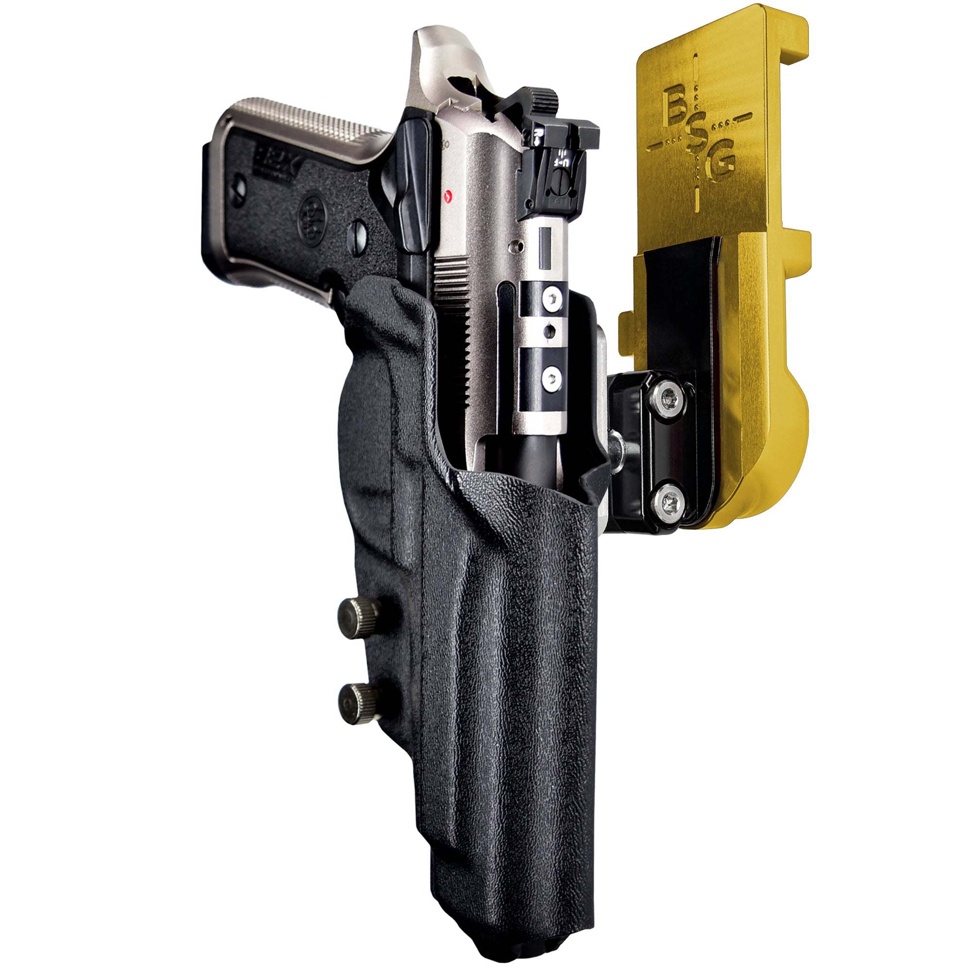 Beretta 92X Perf Def IPSC/USPA Quick Mount Ball Joint Holster with 24K Gold Belt Attachment, Black Holster Shell