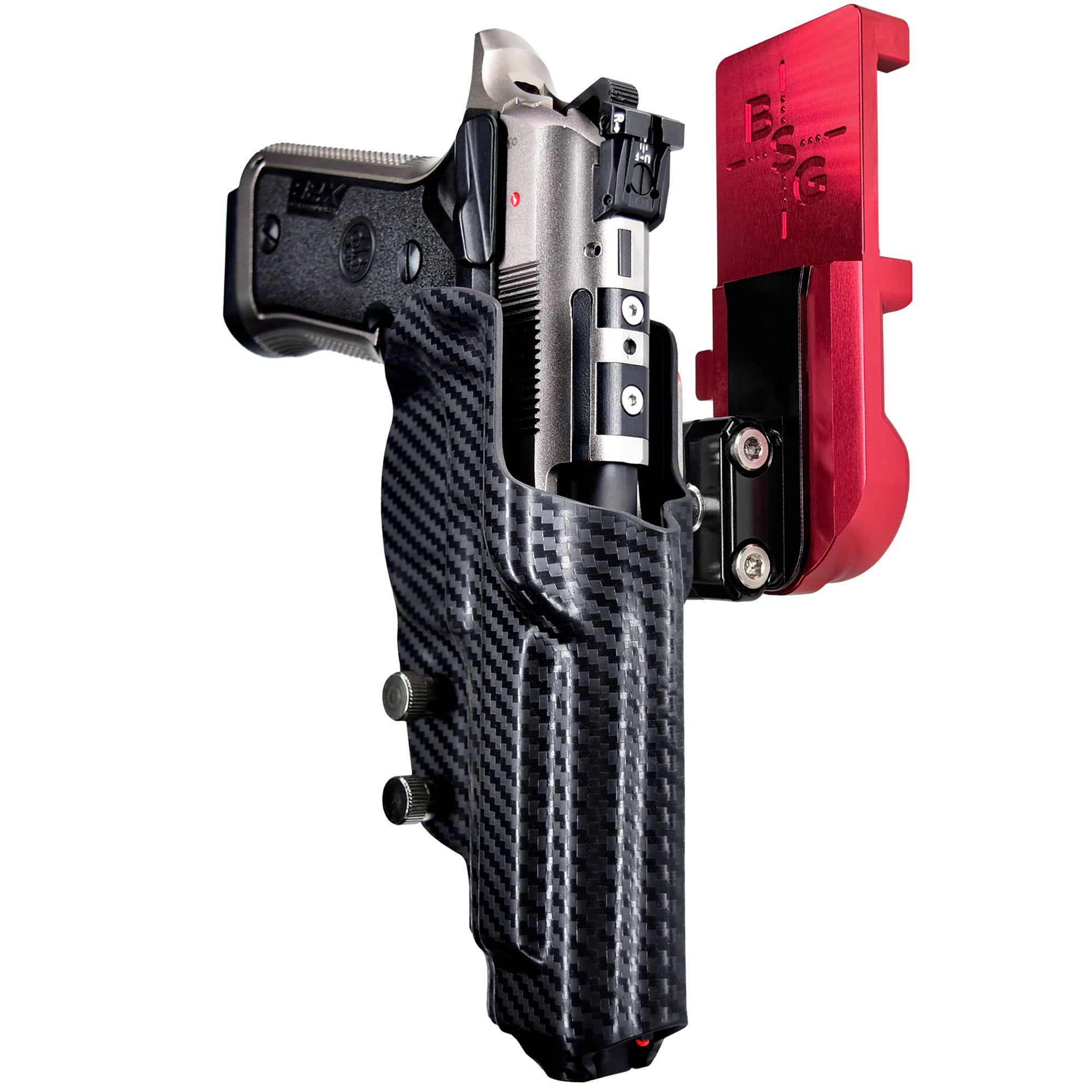 Beretta 92X Perf Def IPSC/USPA Quick Mount Ball Joint Holster with Red Belt Attachment, Carbon Fiber Holster Shell