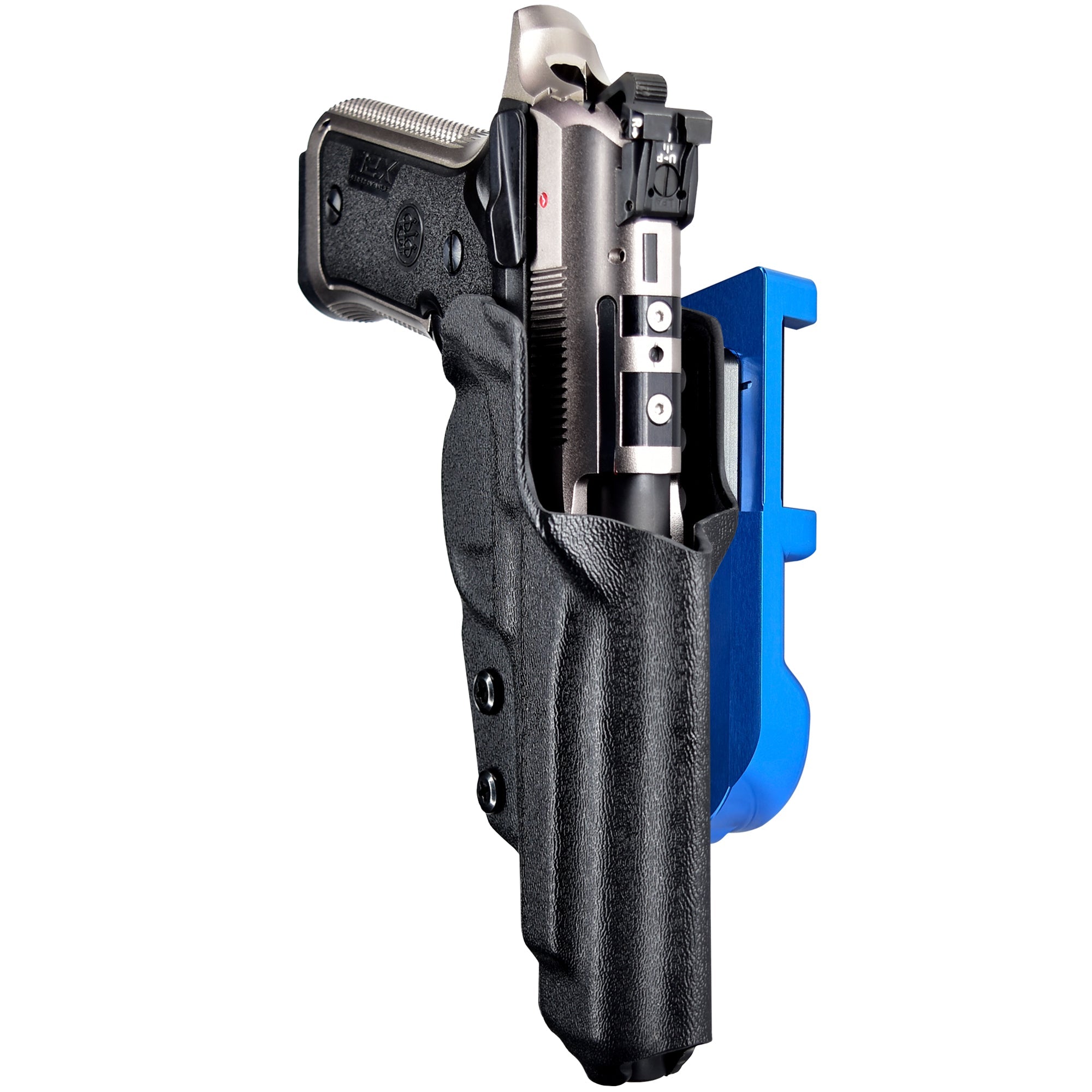 Beretta 92X Perf Def IDPA Quick Mount Holster with Blue Belt Attachment, Black Holster Shell