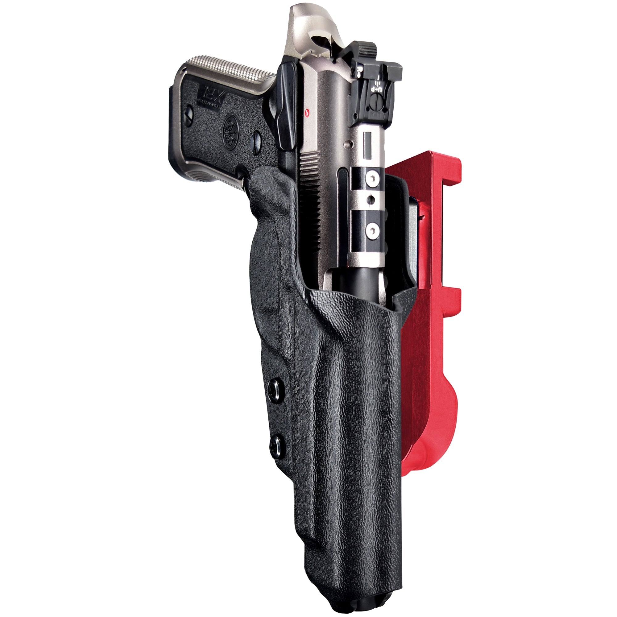 Beretta 92X Perf Def IDPA Quick Mount Holster with Red Belt Attachment, Black Holster Shell