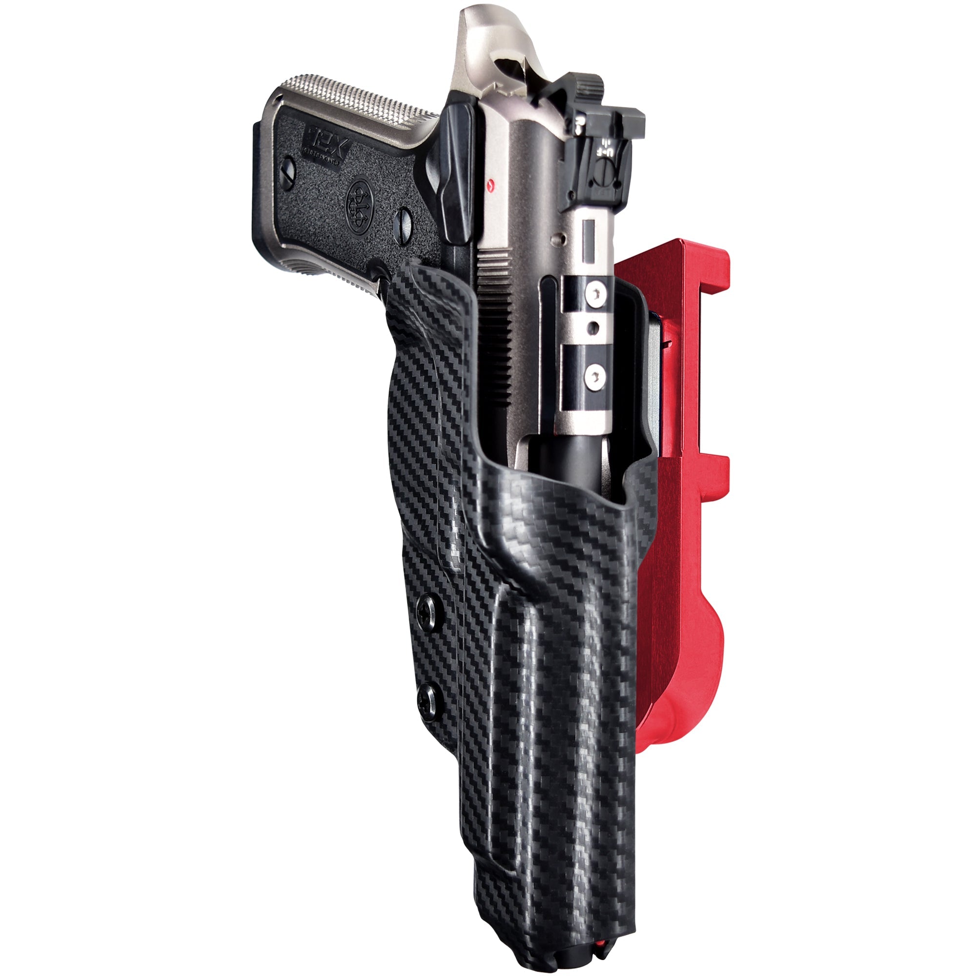 Beretta 92X Perf Def IDPA Quick Mount Holster with Red Belt Attachment, Carbon Fiber Holster Shell