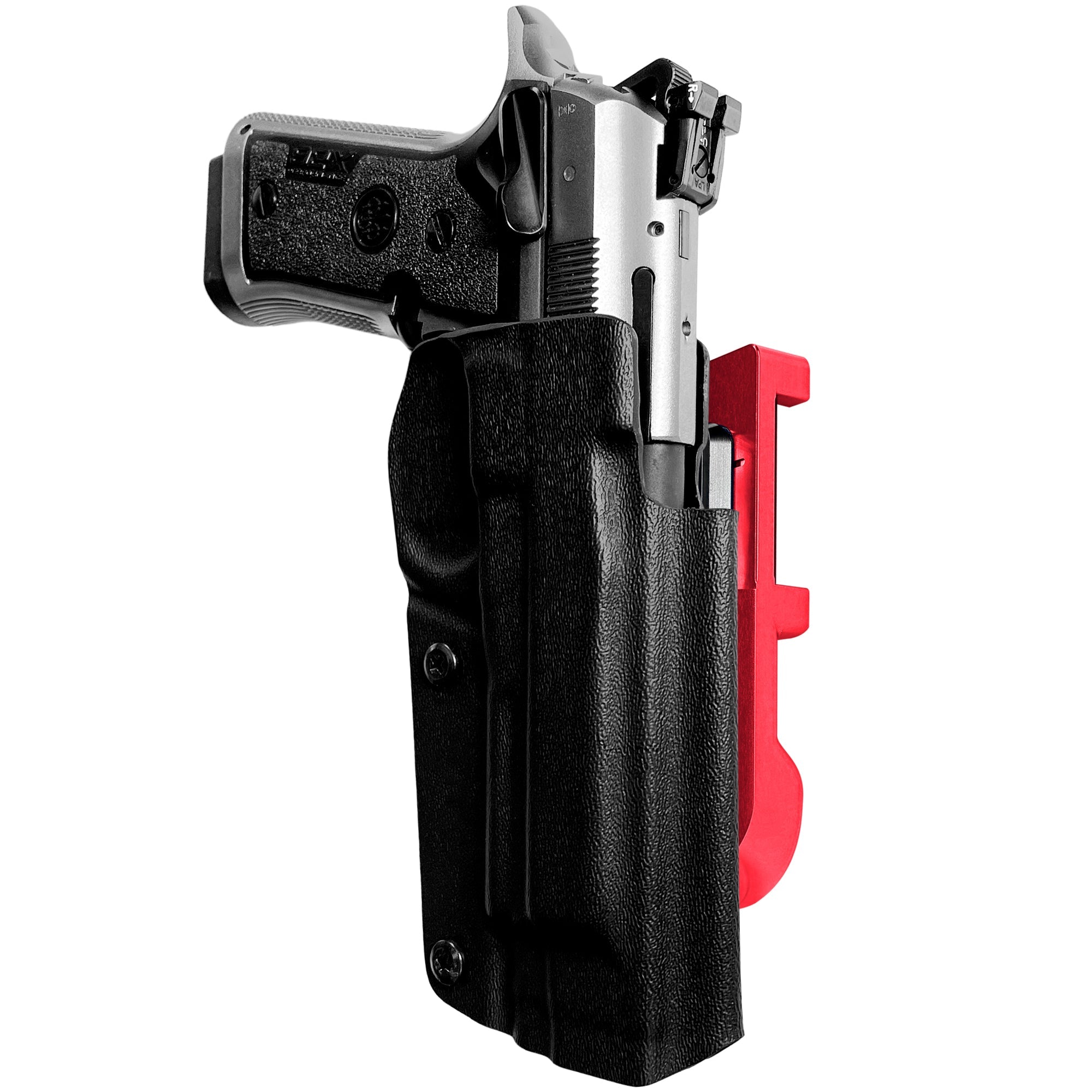 Beretta 92X Perf IDPA Quick Mount Holster with Red Belt Attachment, Black Holster Shell
