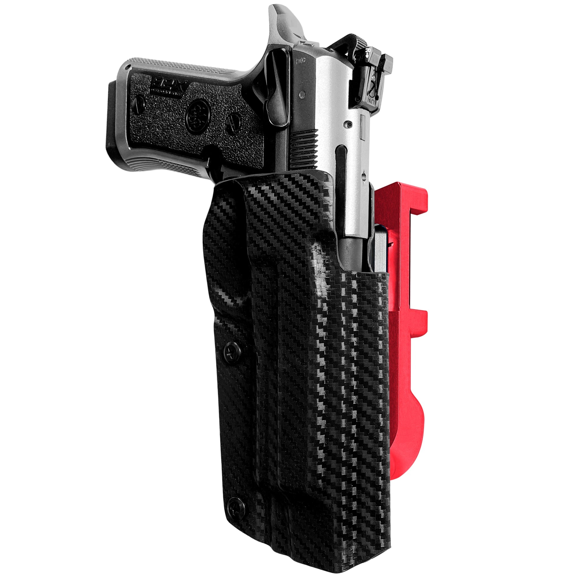 Beretta 92X Perf IDPA Quick Mount Holster with Red Belt Attachment, Carbon Fiber Holster Shell