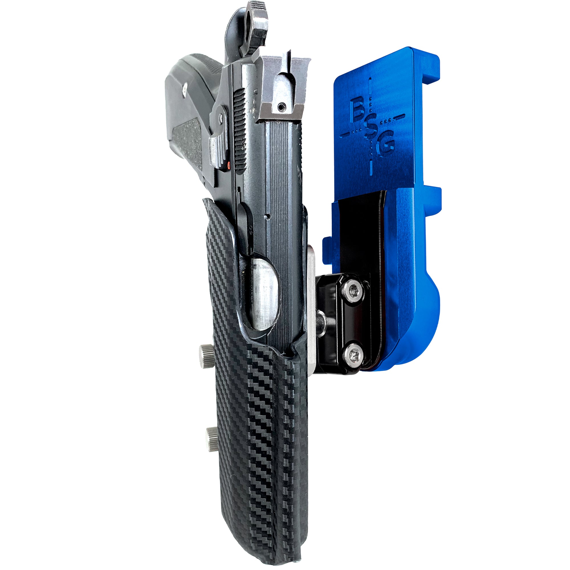 CZ 75 SP-01 IPSC/USPA Quick Mount Ball Joint Holster with Blue Belt Attachment, Carbon Fiber Holster Shell
