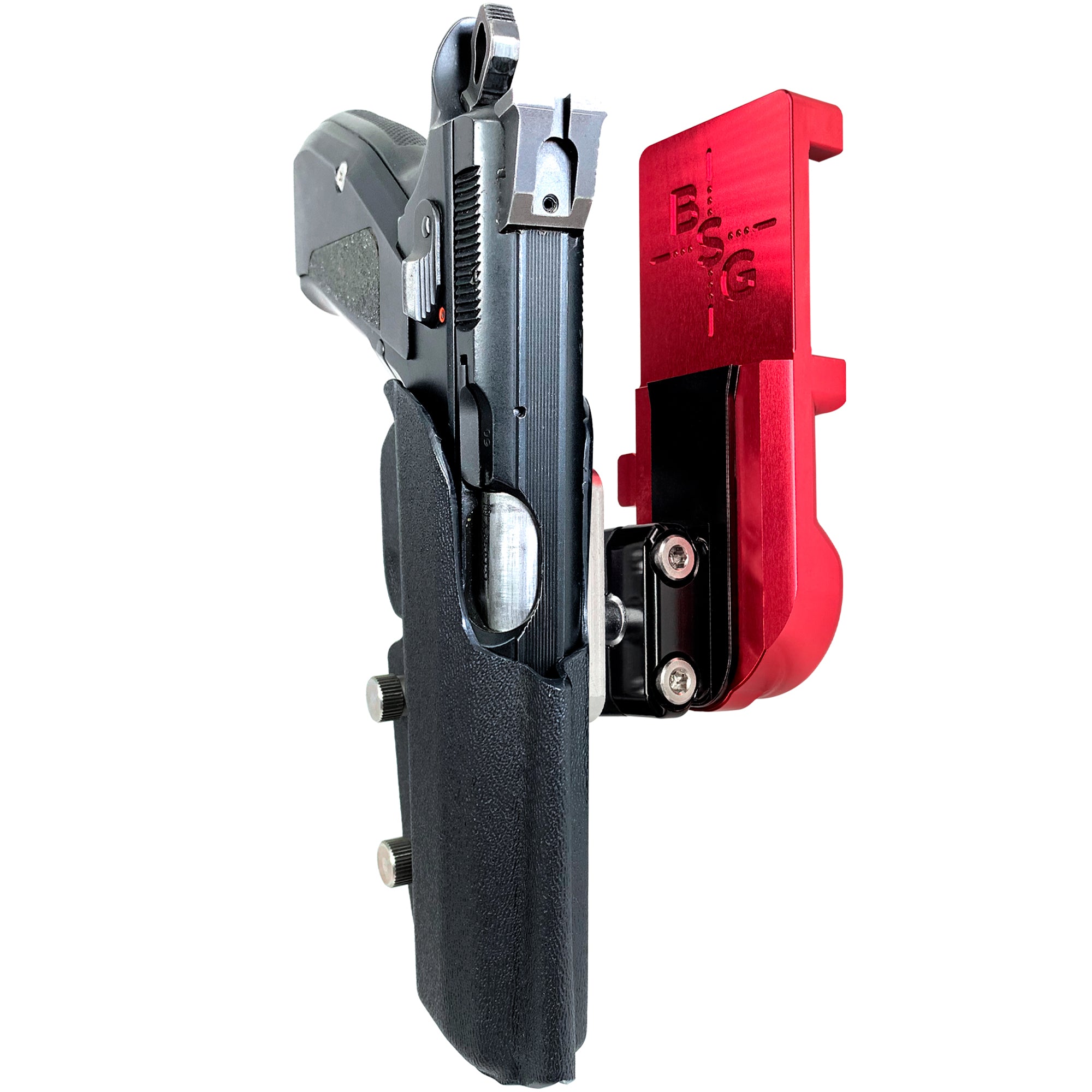 CZ 75 SP-01 IPSC/USPA Quick Mount Ball Joint Holster with Red Belt Attachment, Black Holster Shell