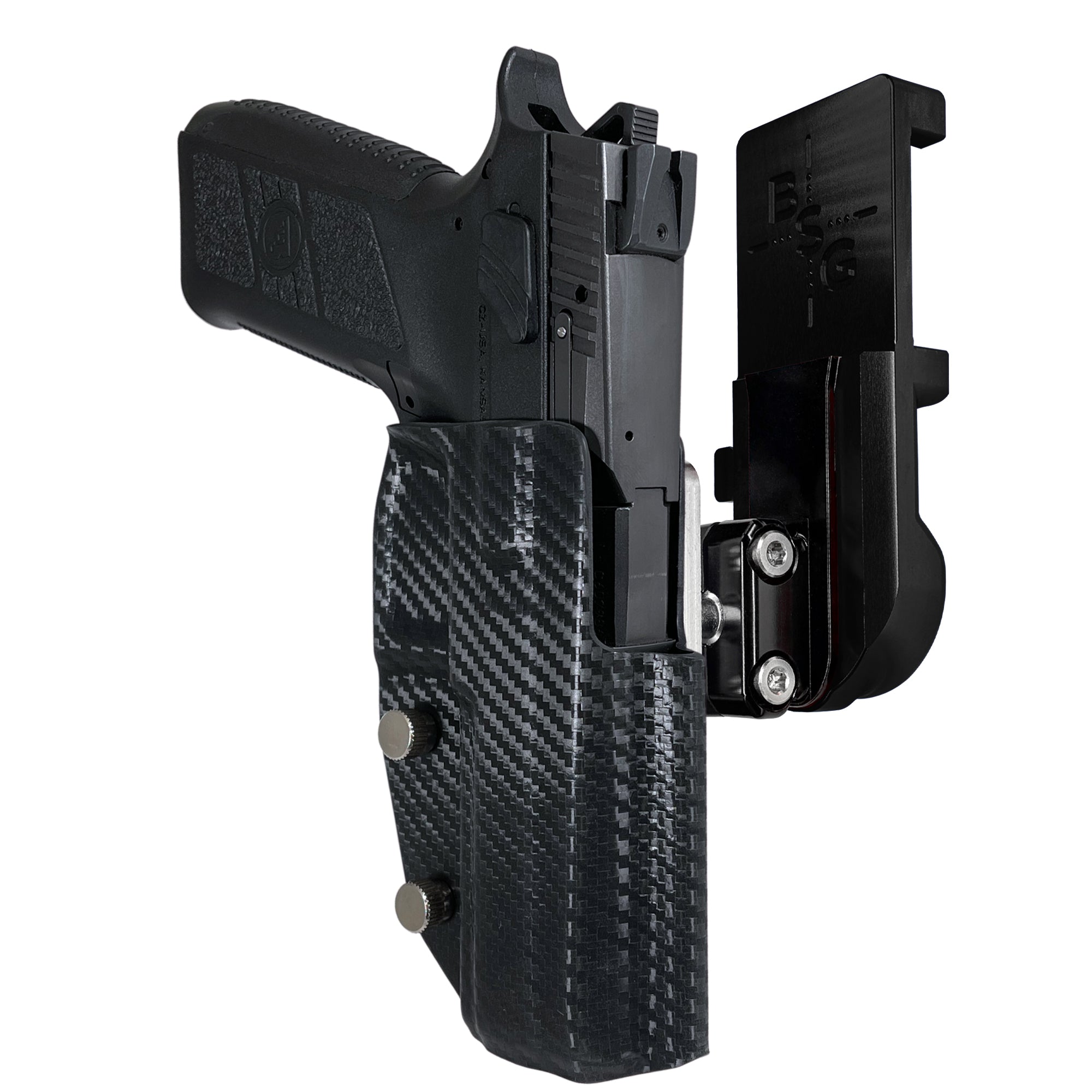 CZ P-09 IPSC/USPA Quick Mount Ball Joint Holster with Black Belt Attachment, Carbon Fiber Holster Shell