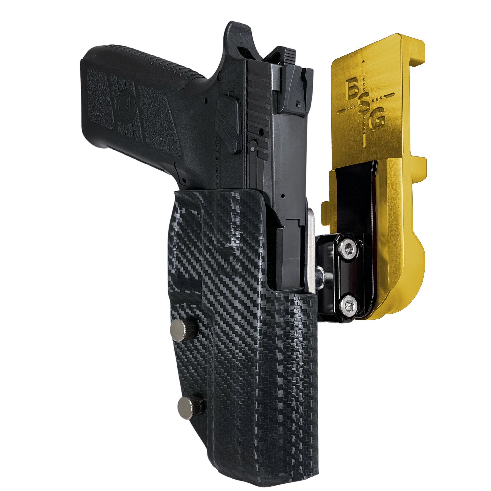 CZ P-09 IPSC/USPA Quick Mount Ball Joint Holster with 24K Gold Belt Attachment, Carbon Fiber Holster Shell