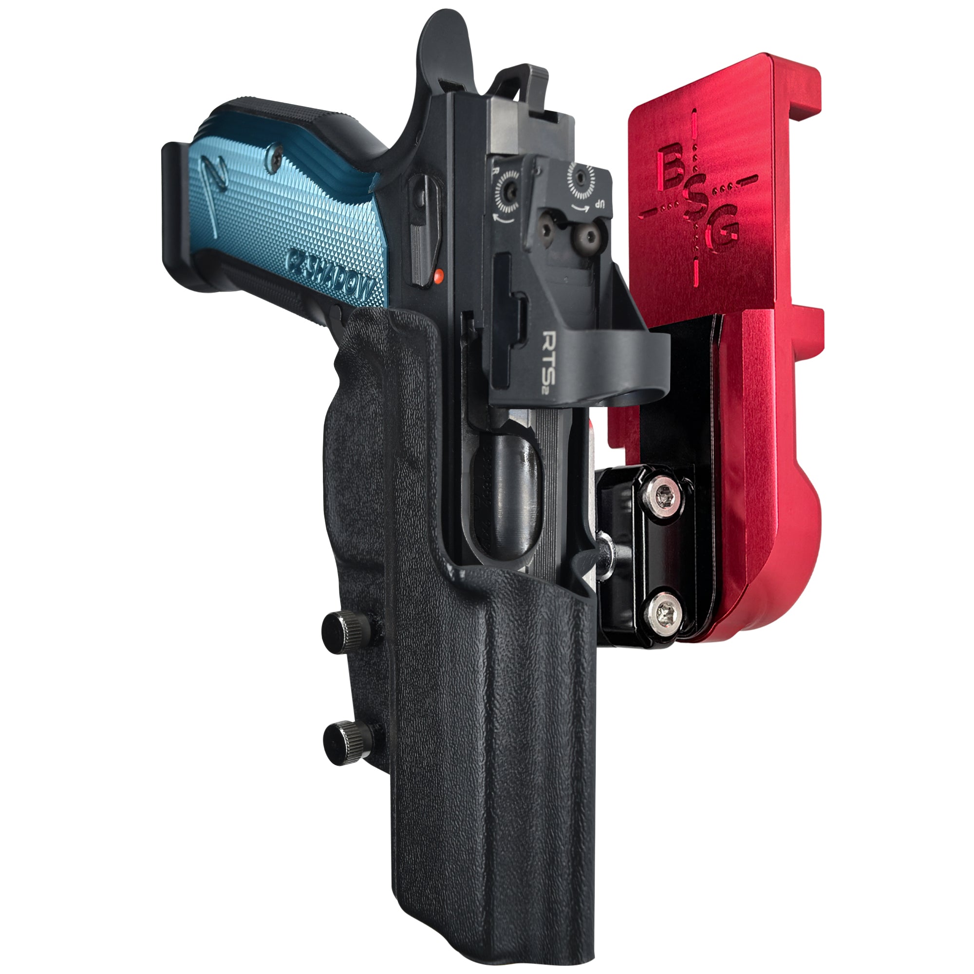 CZ Shadow 2 IPSC/USPA Quick Mount Ball Joint Holster with Red Belt Attachment, Black Holster Shell