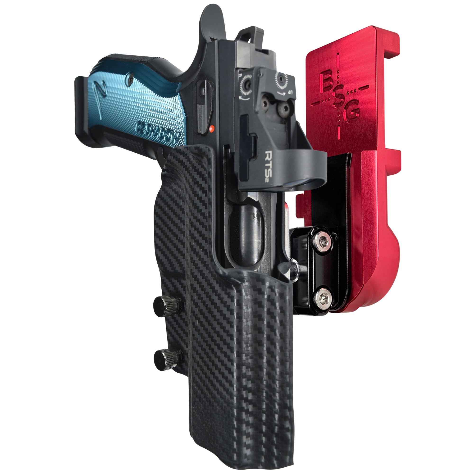 CZ Shadow 2 IPSC/USPA Quick Mount Ball Joint Holster with Red Belt Attachment, Carbon Fiber Holster Shell