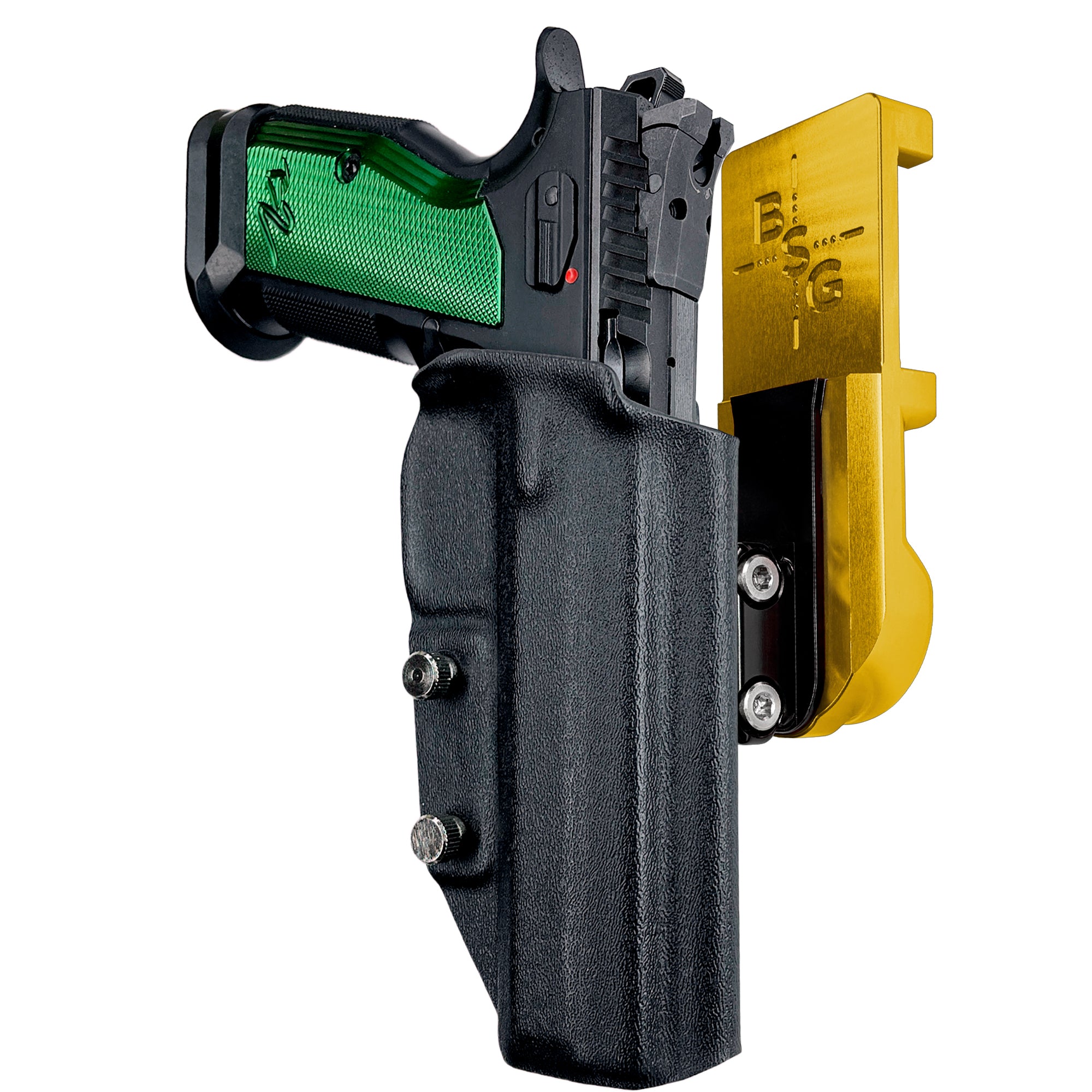 CZ TS2 Racing Green IPSC/USPA Quick Mount Ball Joint Holster with 24K Gold Belt Attachment, Black Holster Shell
