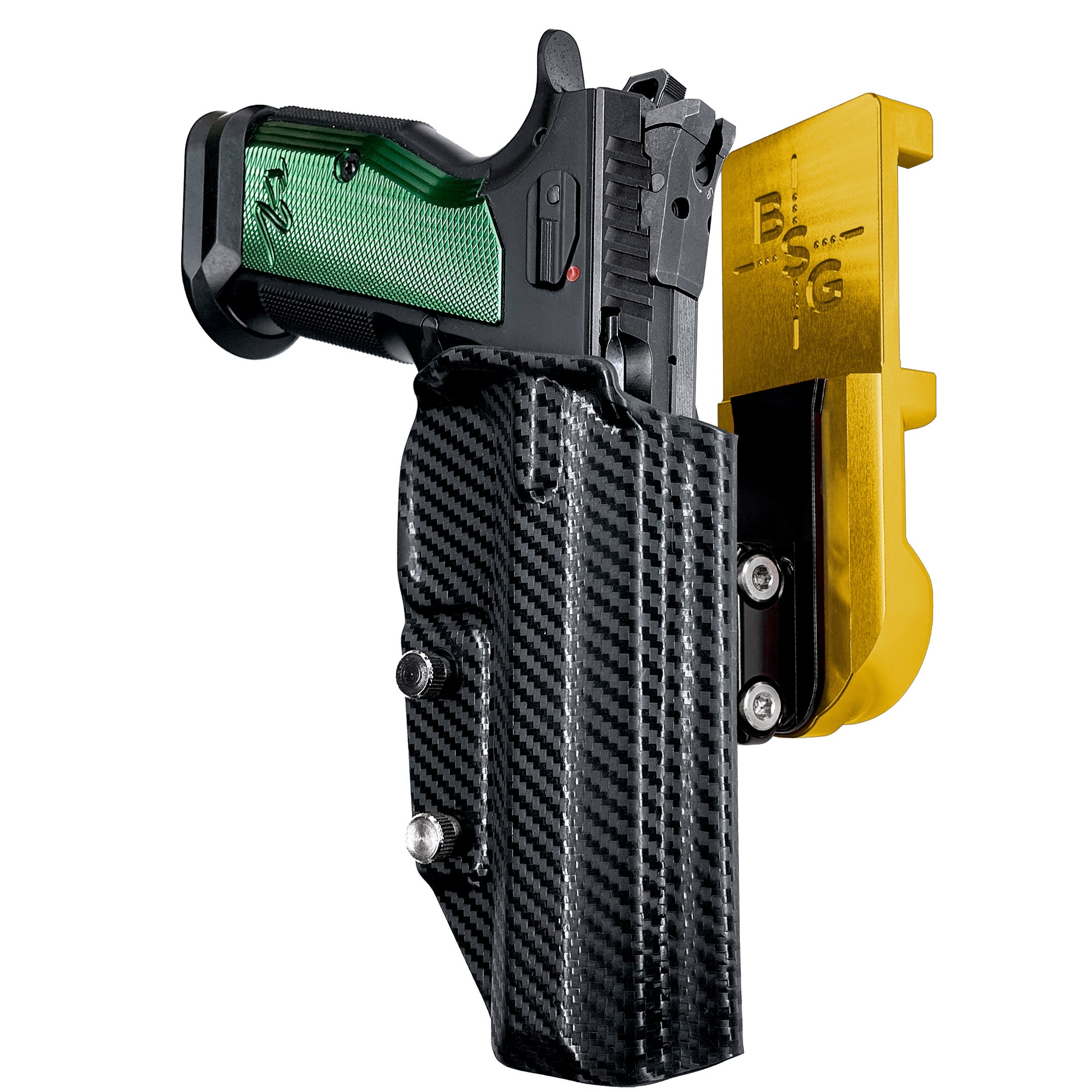 CZ TS2 Racing Green IPSC/USPA Quick Mount Ball Joint Holster with 24K Gold Belt Attachment, Carbon Fiber Holster Shell