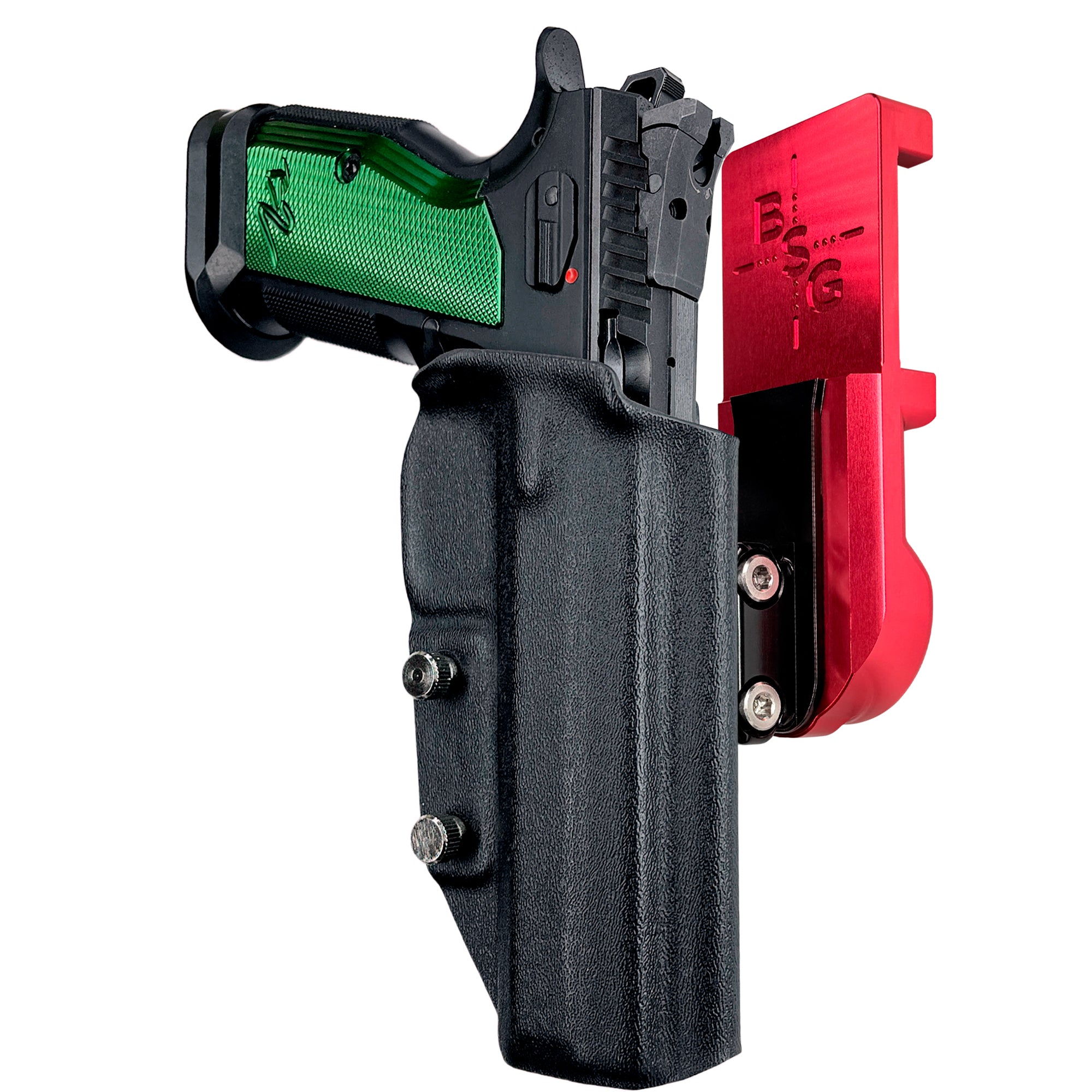 CZ TS2 Racing Green IPSC/USPA Quick Mount Ball Joint Holster with Red Belt Attachment, Black Holster Shell