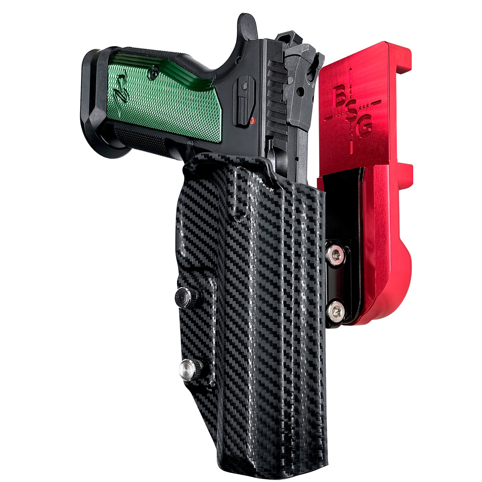 CZ TS2 Racing Green IPSC/USPA Quick Mount Ball Joint Holster with Red Belt Attachment, Carbon Fiber Holster Shell