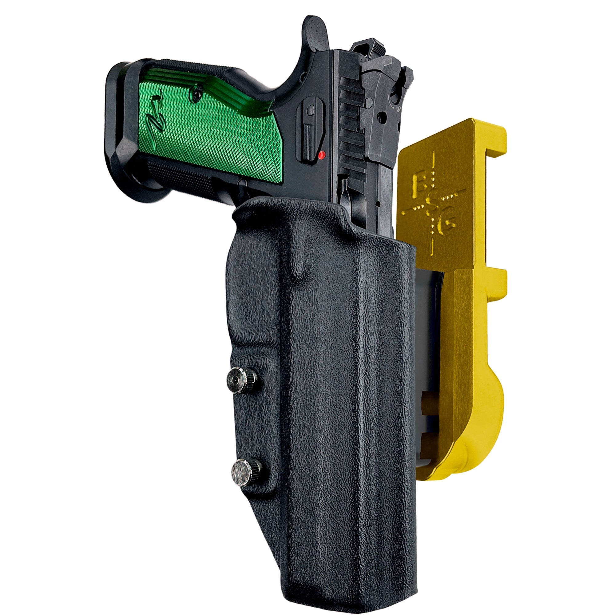 CZ TS2 Racing Green IPSC/USPA Quick Mount Holster with 24K Gold Belt Attachment, Black Holster Shell