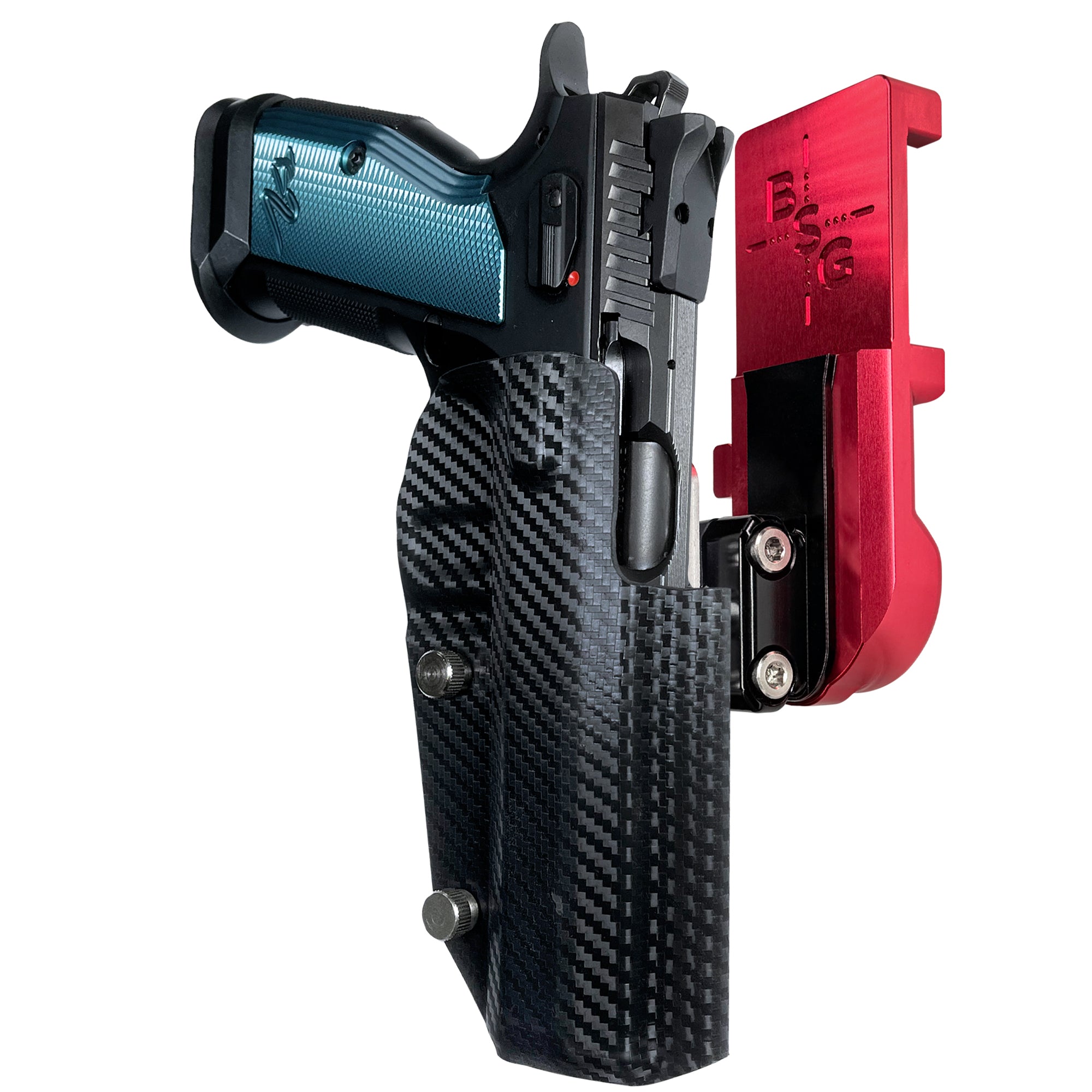 CZ TS2 IPSC/USPA Quick Mount Ball Joint Holster with Red Belt Attachment, Carbon Fiber Holster Shell