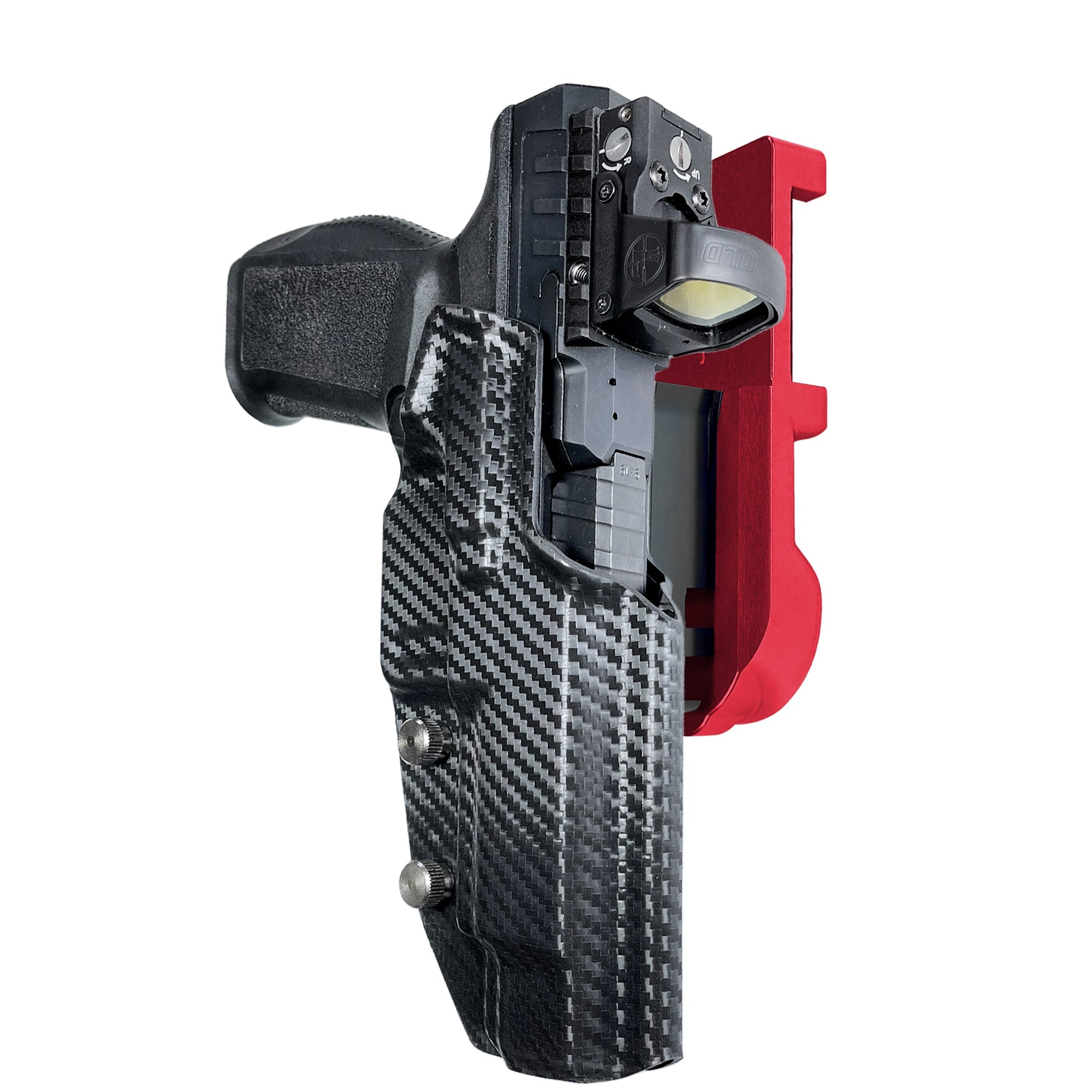 Rival w Align Tactical  IPSC/USPA Quick Mount Holster with Red Belt Attachment, Carbon Fiber Holster Shell