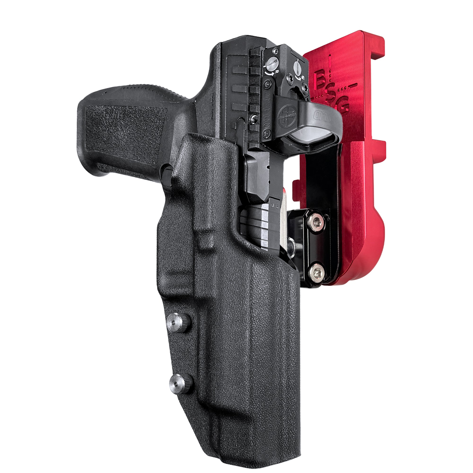 Canik SFx Rival IPSC/USPA Quick Mount Ball Joint Holster with Red Belt Attachment, Black Holster Shell