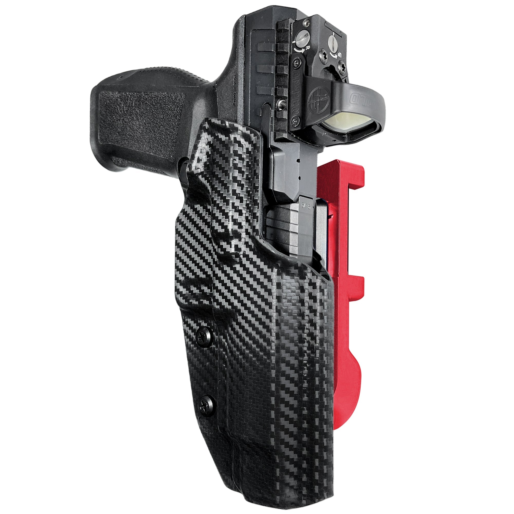 Canik SFx Rival IDPA Quick Mount Holster with Red Belt Attachment, Carbon Fiber Holster Shell