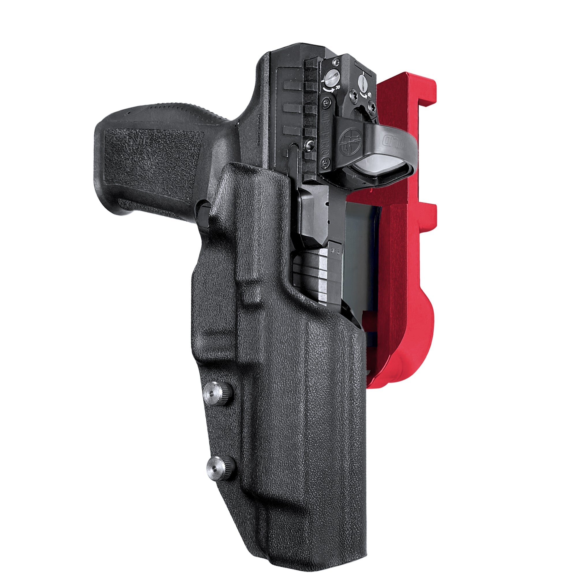 Canik SFx Rival IPSC/USPA Quick Mount Holster with Red Belt Attachment, Black Holster Shell
