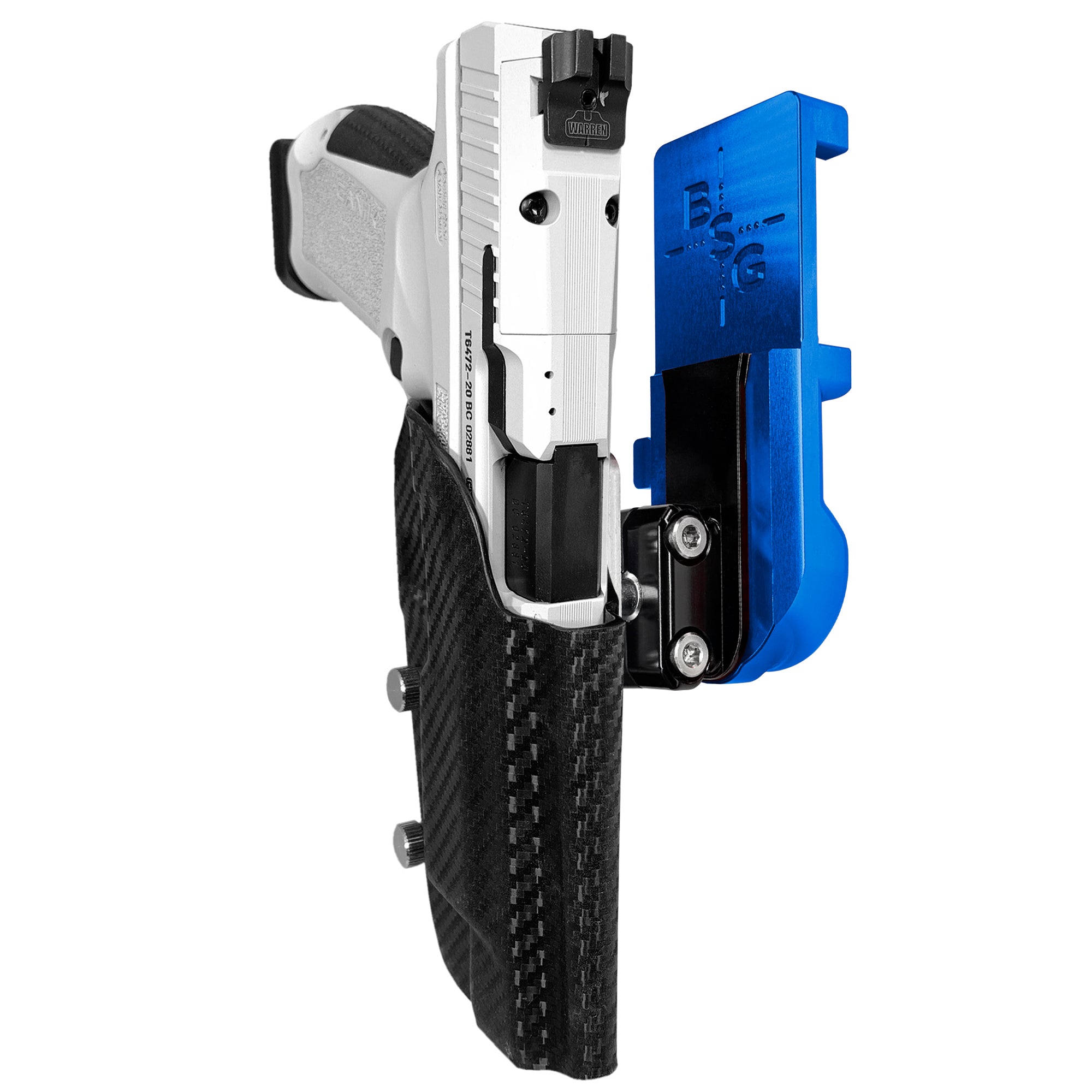 Canik TP9SFx IPSC/USPA Quick Mount Ball Joint Holster with Blue Belt Attachment, Carbon Fiber Holster Shell
