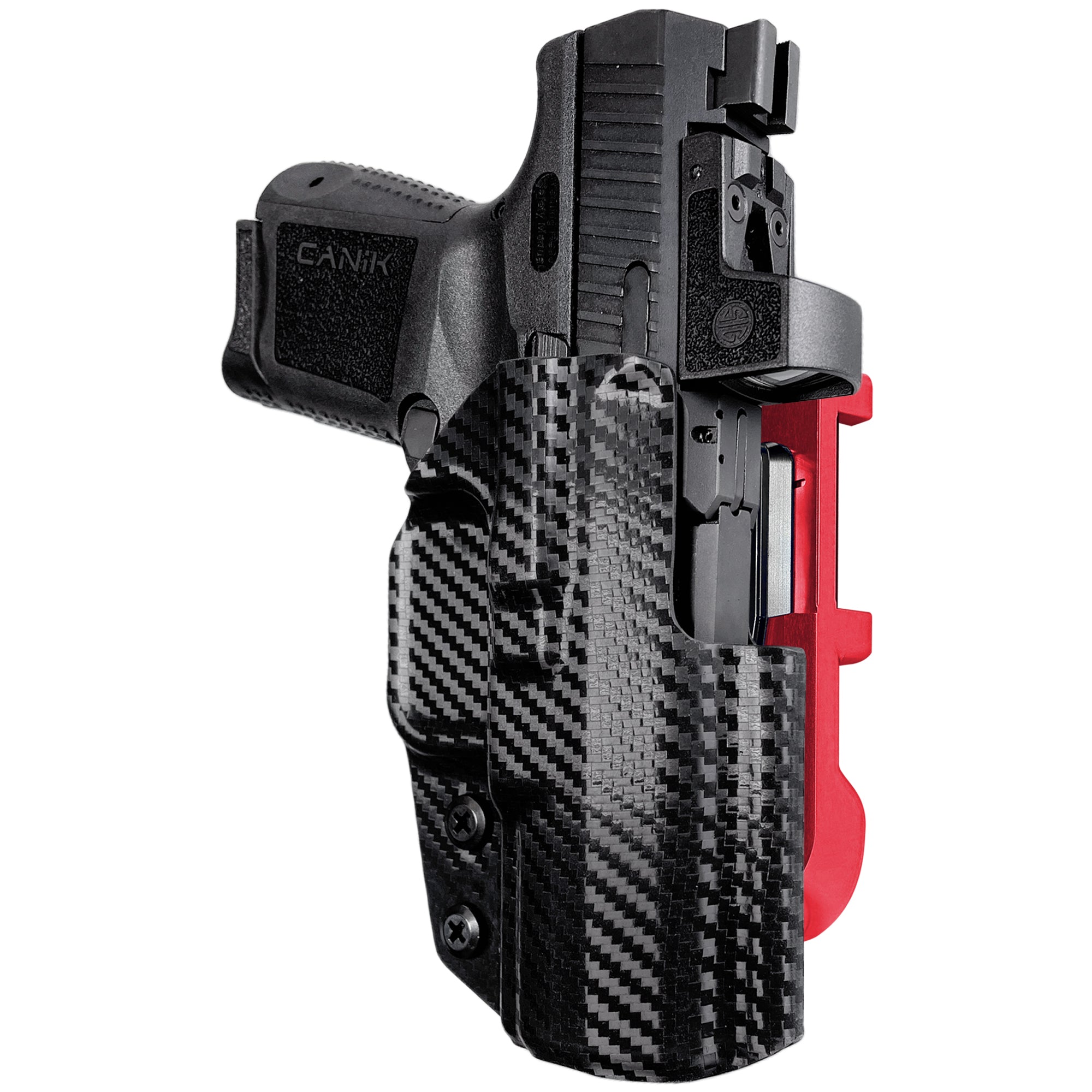 Canik TP9 Elite SC IDPA Quick Mount Holster with Red Belt Attachment, Carbon Fiber Holster Shell