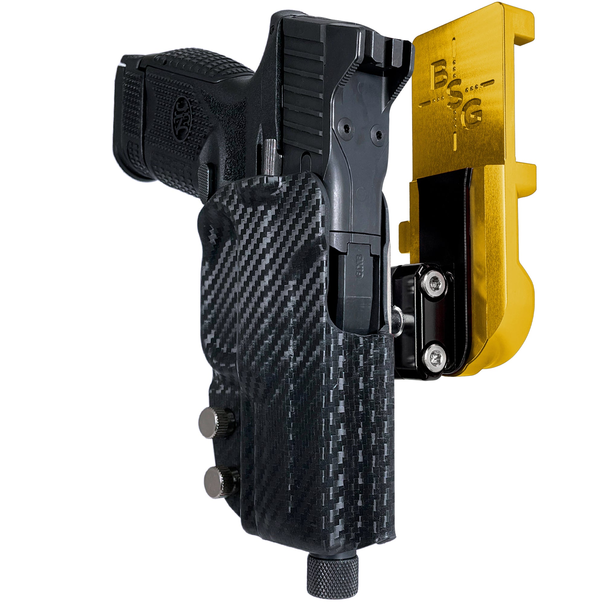 FN 509 Compact IPSC/USPA Quick Mount Ball Joint Holster with 24K Gold Belt Attachment, Carbon Fiber Holster Shell