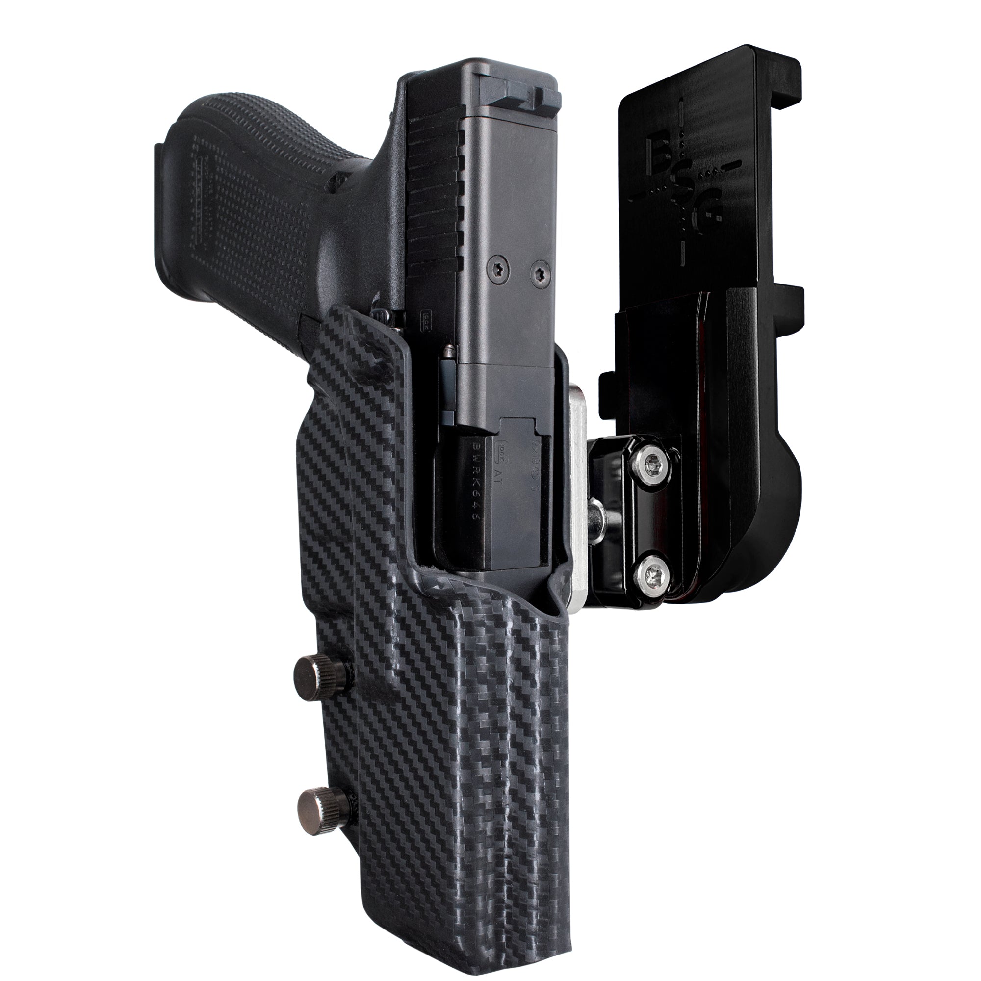 Glock 17 IPSC/USPA Quick Mount Ball Joint Holster with Black Belt Attachment, Carbon Fiber Holster Shell