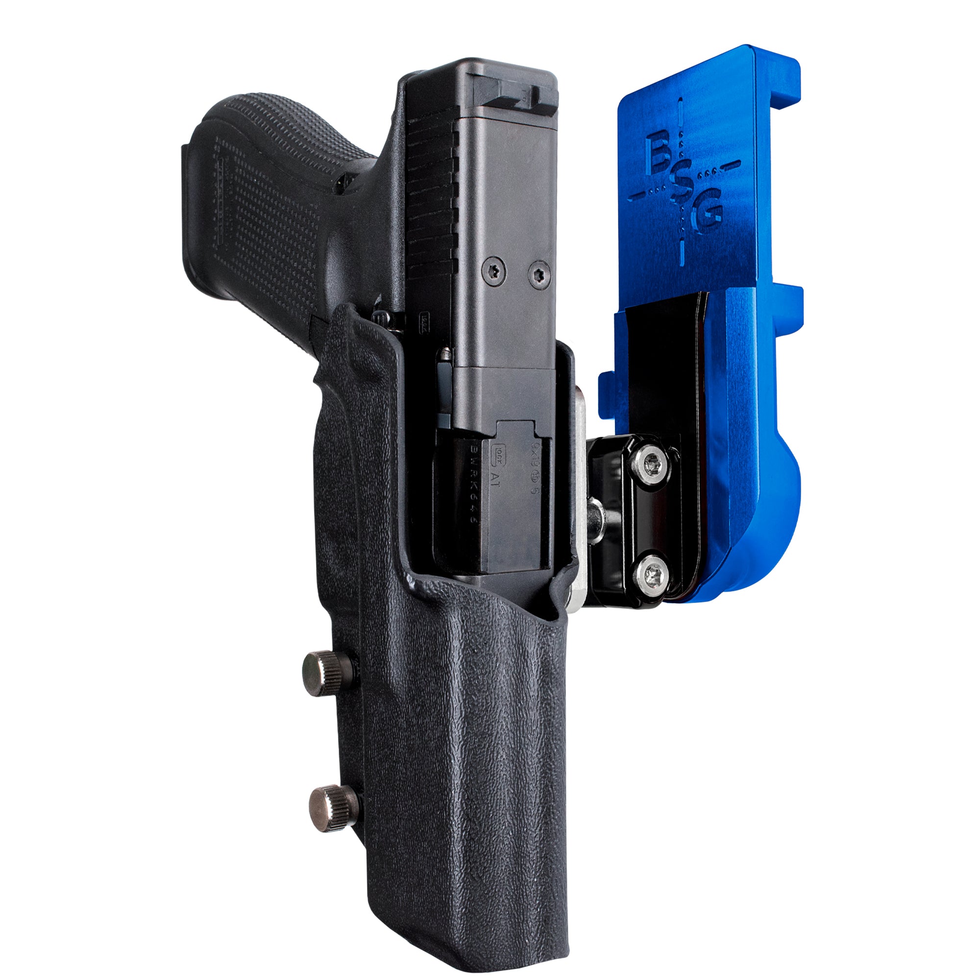 Glock 17 IPSC/USPA Quick Mount Ball Joint Holster with Blue Belt Attachment, Black Holster Shell