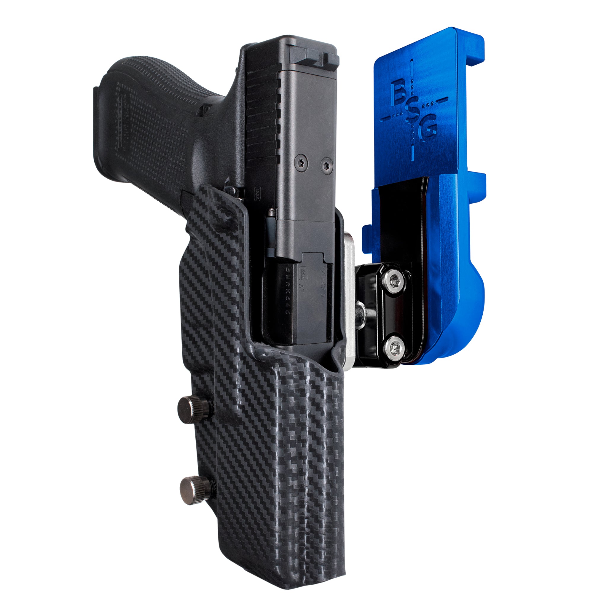 Glock 17 IPSC/USPA Quick Mount Ball Joint Holster with Blue Belt Attachment, Carbon Fiber Holster Shell