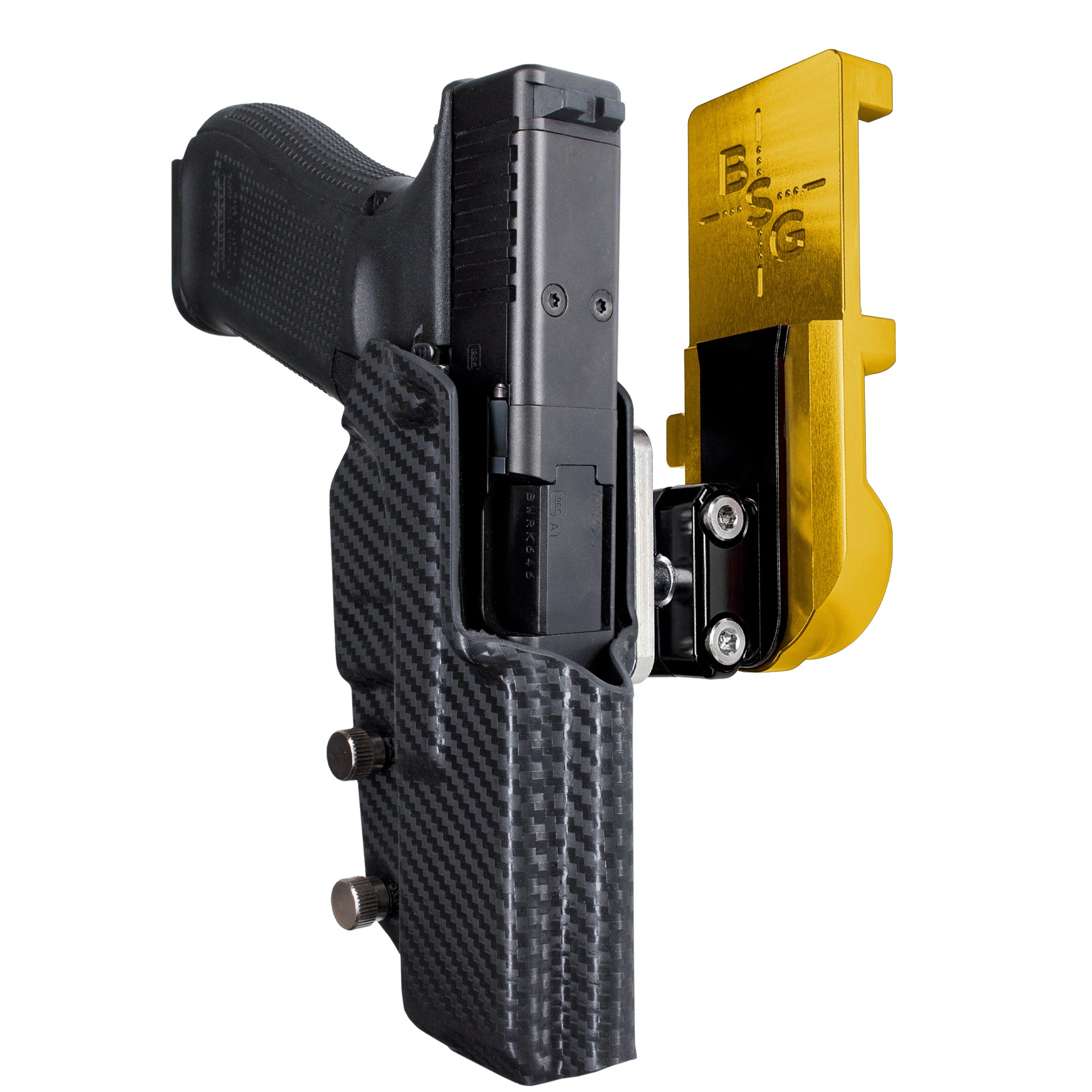 Glock 17 IPSC/USPA Quick Mount Ball Joint Holster with 24K Gold Belt Attachment, Carbon Fiber Holster Shell
