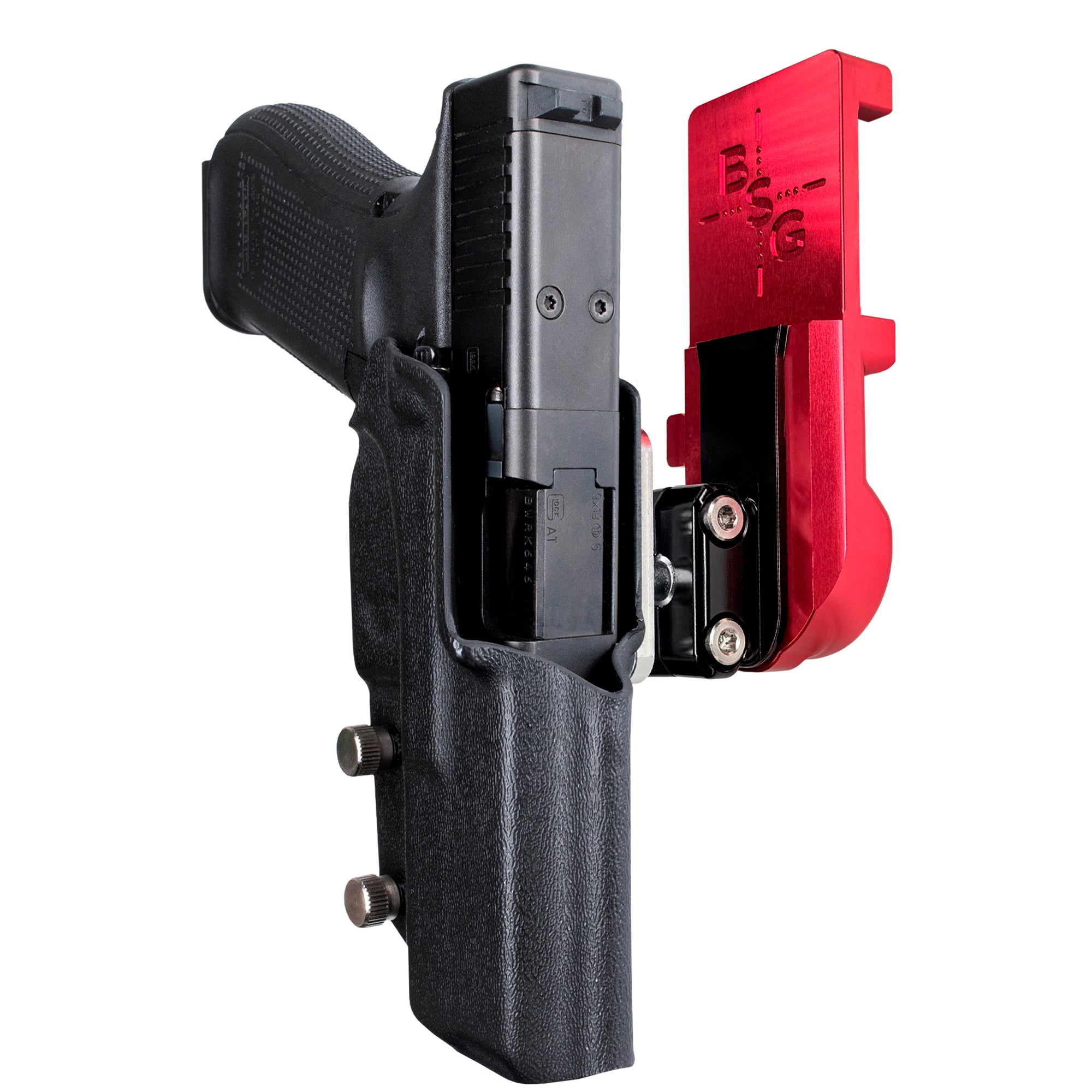Glock 17 IPSC/USPA Quick Mount Ball Joint Holster with Red Belt Attachment, Black Holster Shell