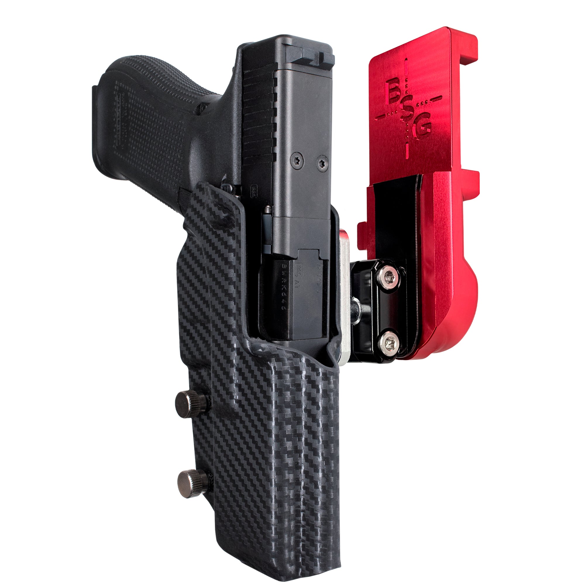 Glock 17 IPSC/USPA Quick Mount Ball Joint Holster with Red Belt Attachment, Carbon Fiber Holster Shell