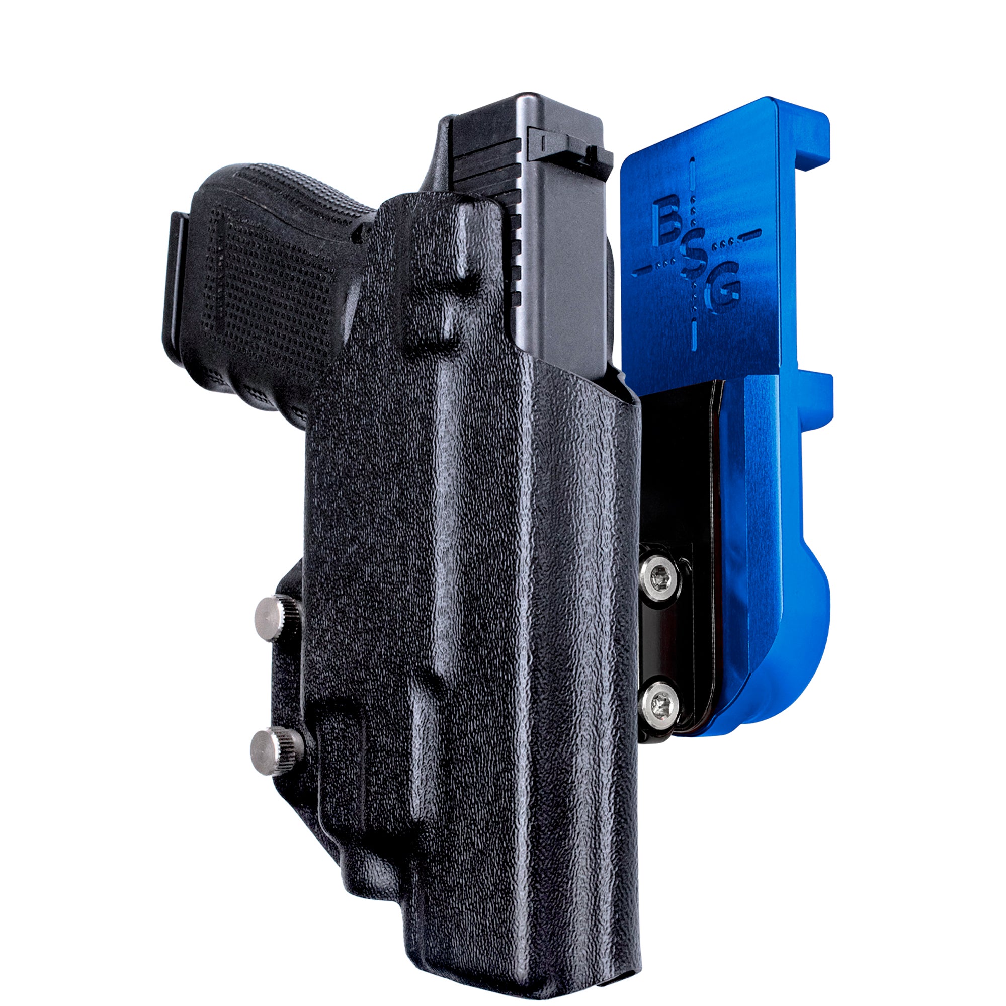 Glock 17 (Gen 4) w/ TLR-7/8 IPSC/USPA Quick Mount Ball Joint Holster with Blue Belt Attachment, Black Holster Shell