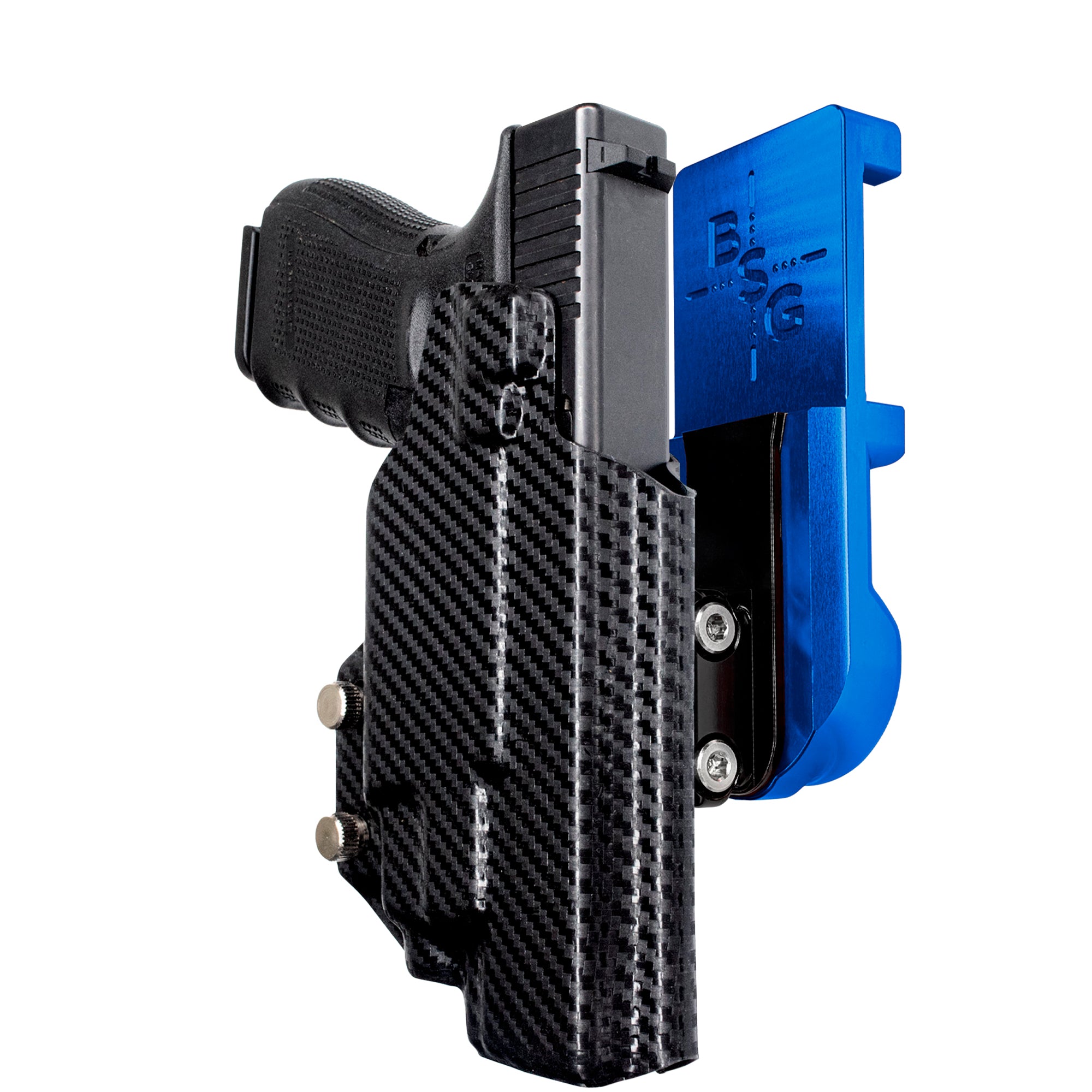 Glock 17 (Gen 4) w/ TLR-7/8 IPSC/USPA Quick Mount Ball Joint Holster with Blue Belt Attachment, Carbon Fiber Holster Shell