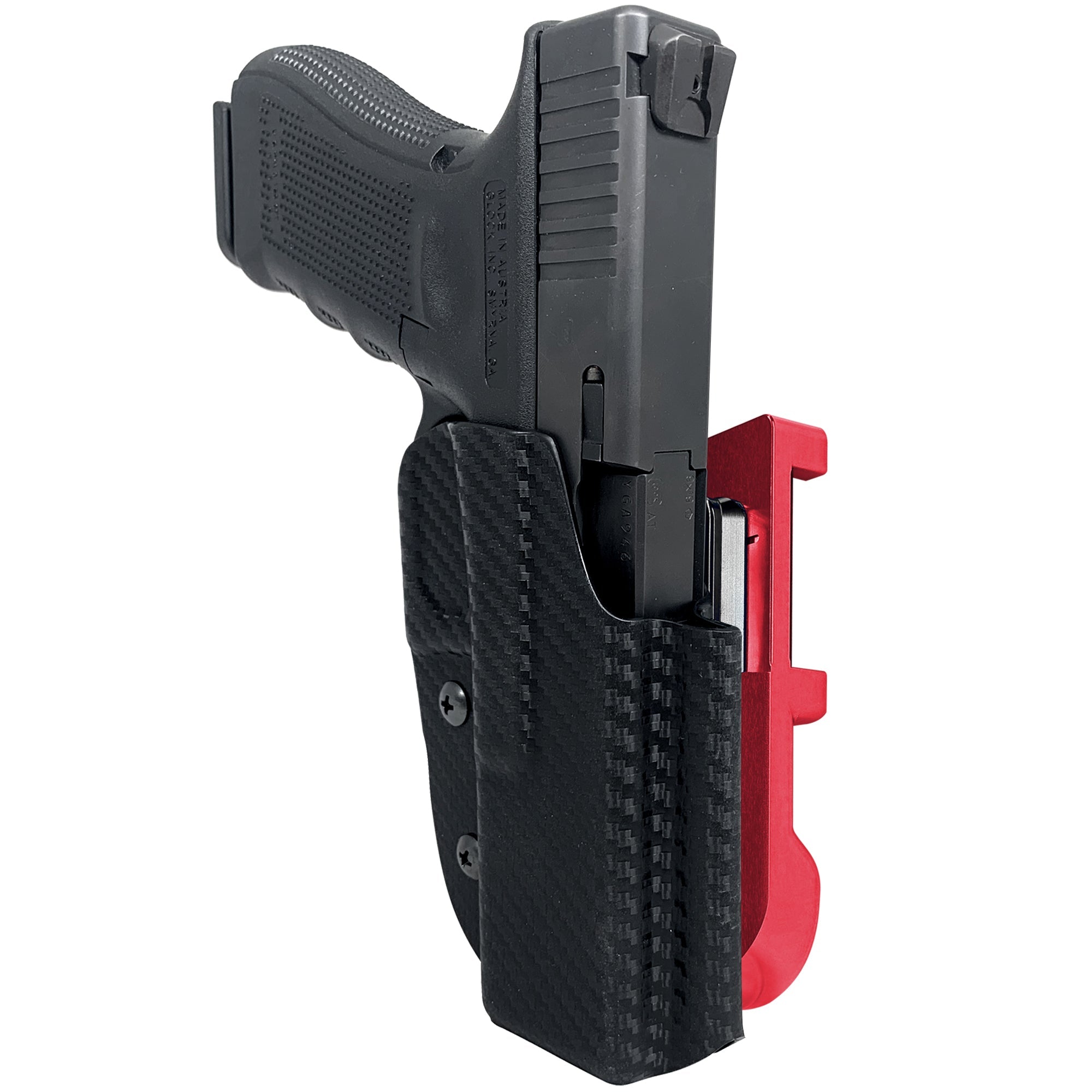 Glock 17 All Gens IDPA Quick Mount Holster with Red Belt Attachment, Carbon Fiber Holster Shell