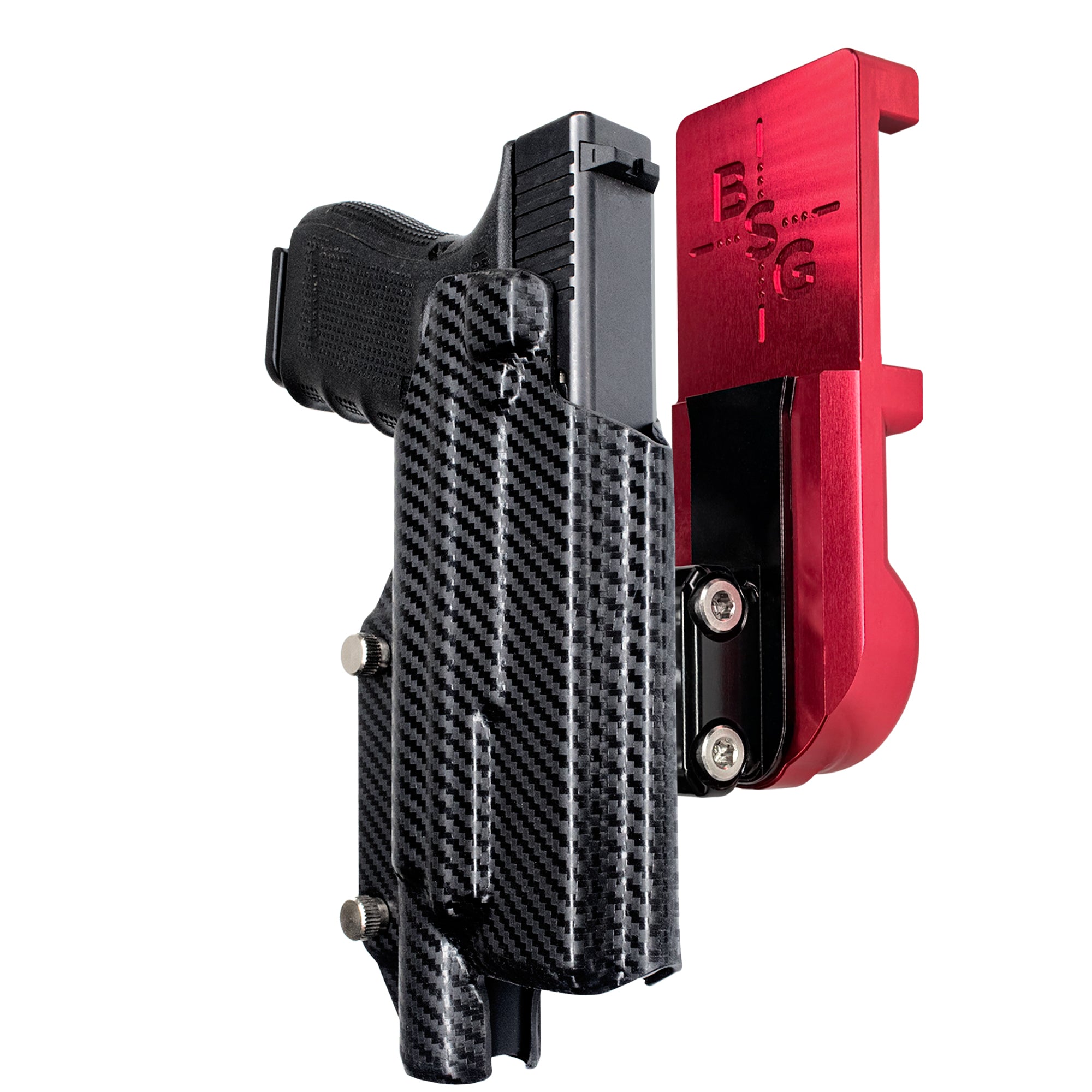 Glock 17 w/ X300U-A IPSC/USPA Quick Mount Ball Joint Holster with Red Belt Attachment, Carbon Fiber Holster Shell
