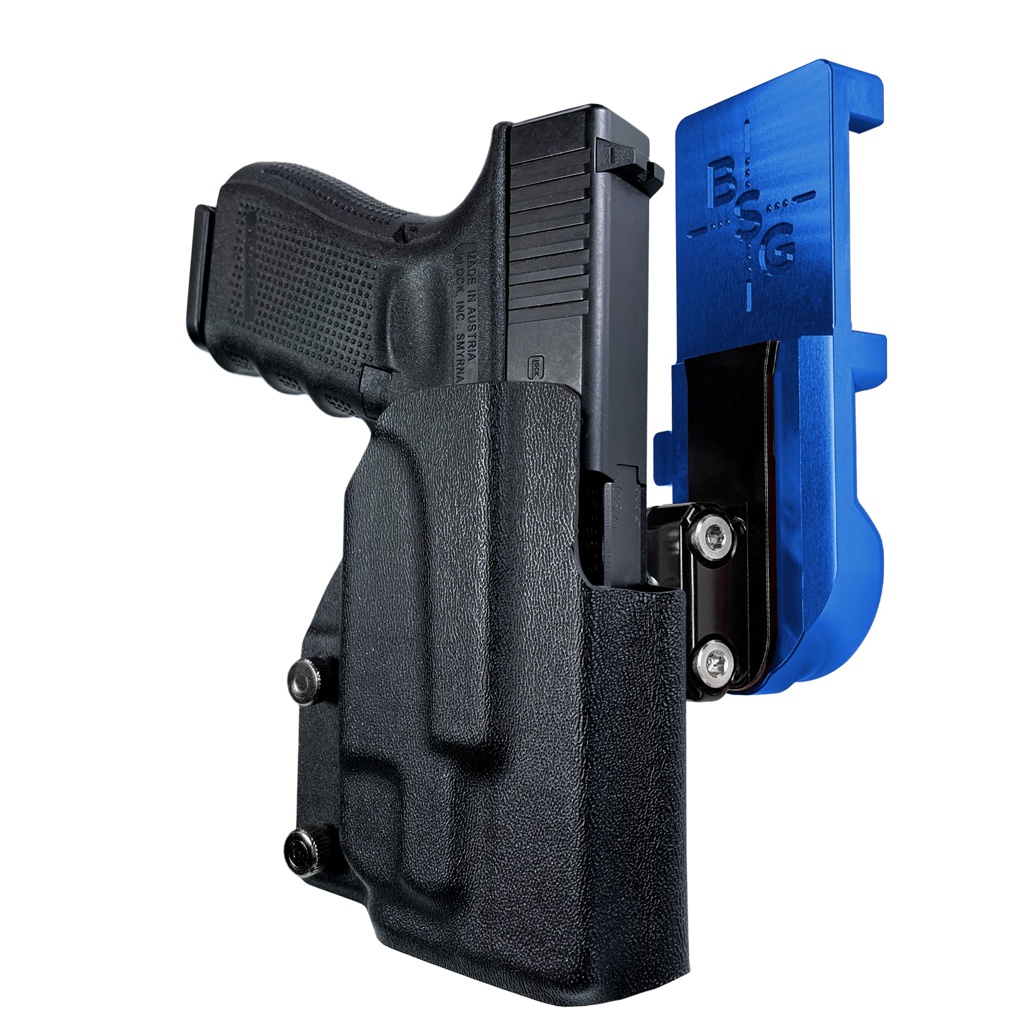 Glock 19 Gen 4 w/ TLR7A IPSC/USPA Quick Mount Ball Joint Holster with Blue Belt Attachment, Black Holster Shell