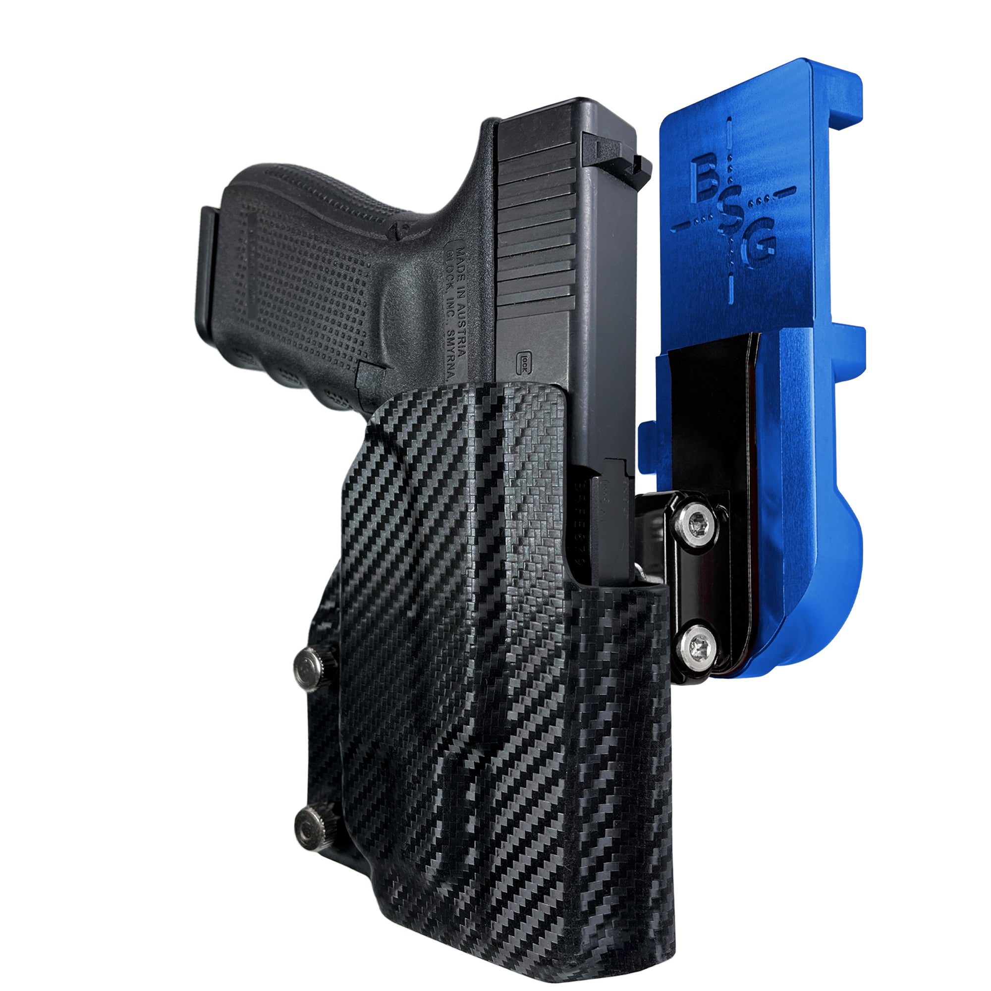 Glock 19 Gen 4 w/ TLR7A IPSC/USPA Quick Mount Ball Joint Holster with Blue Belt Attachment, Carbon Fiber Holster Shell