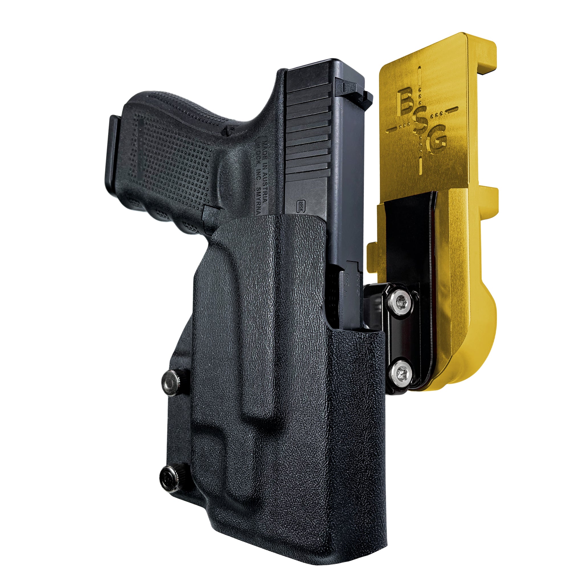 Glock 19 Gen 4 w/ TLR7A IPSC/USPA Quick Mount Ball Joint Holster with 24K Gold Belt Attachment, Black Holster Shell