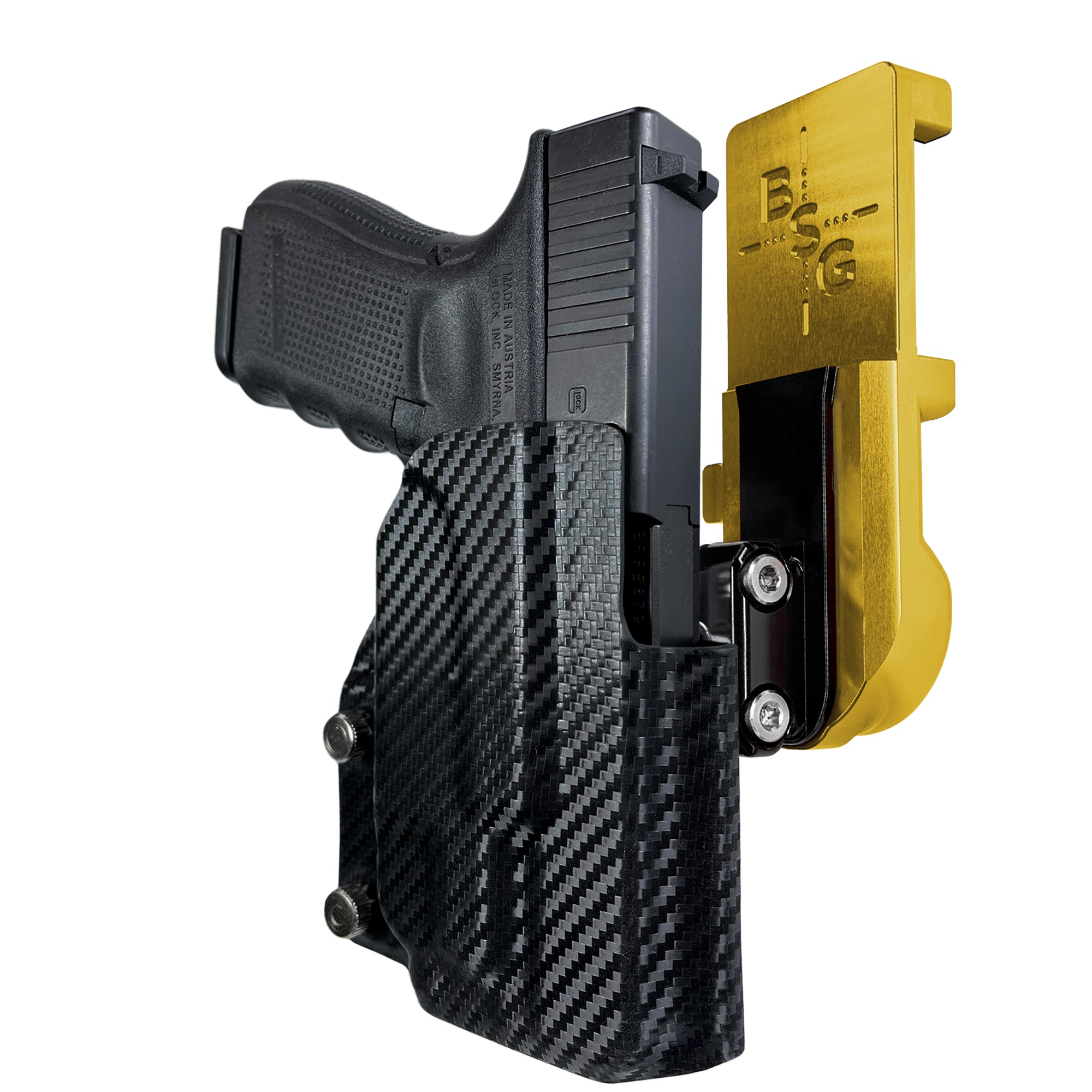 Glock 19 Gen 4 w/ TLR7A IPSC/USPA Quick Mount Ball Joint Holster with 24K Gold Belt Attachment, Carbon Fiber Holster Shell
