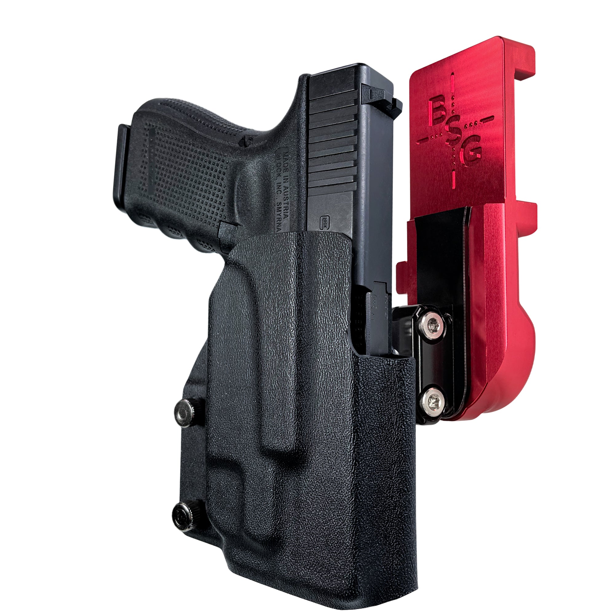 Glock 19 Gen 4 w/ TLR7A IPSC/USPA Quick Mount Ball Joint Holster with Red Belt Attachment, Black Holster Shell