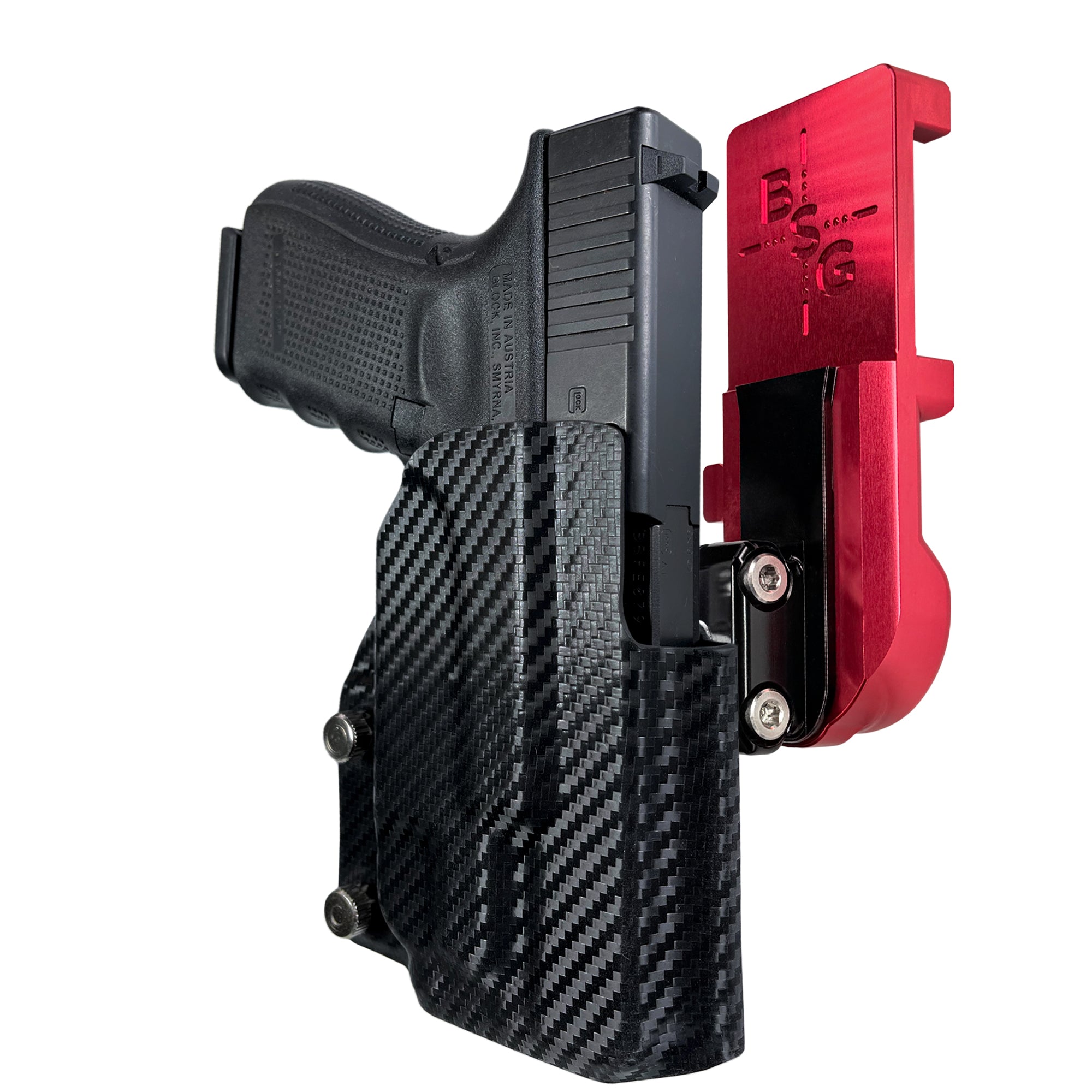 Glock 19 Gen 4 w/ TLR7A IPSC/USPA Quick Mount Ball Joint Holster with Red Belt Attachment, Carbon Fiber Holster Shell