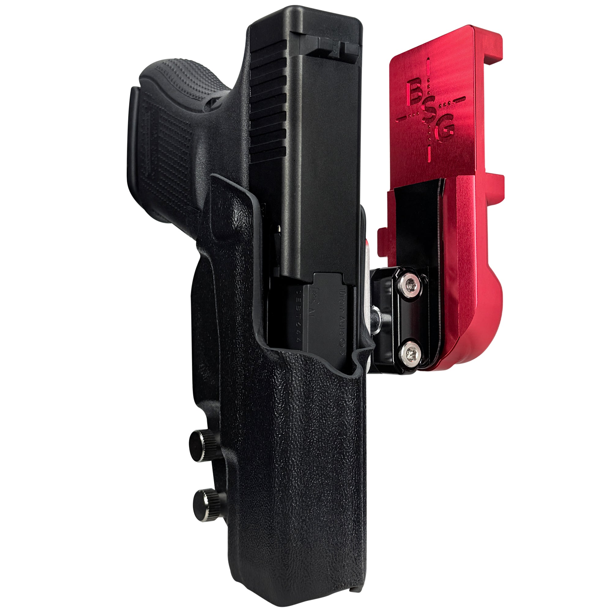 Glock 29 Gen 5 IPSC/USPA Quick Mount Ball Joint Holster with Red Belt Attachment, Black Holster Shell