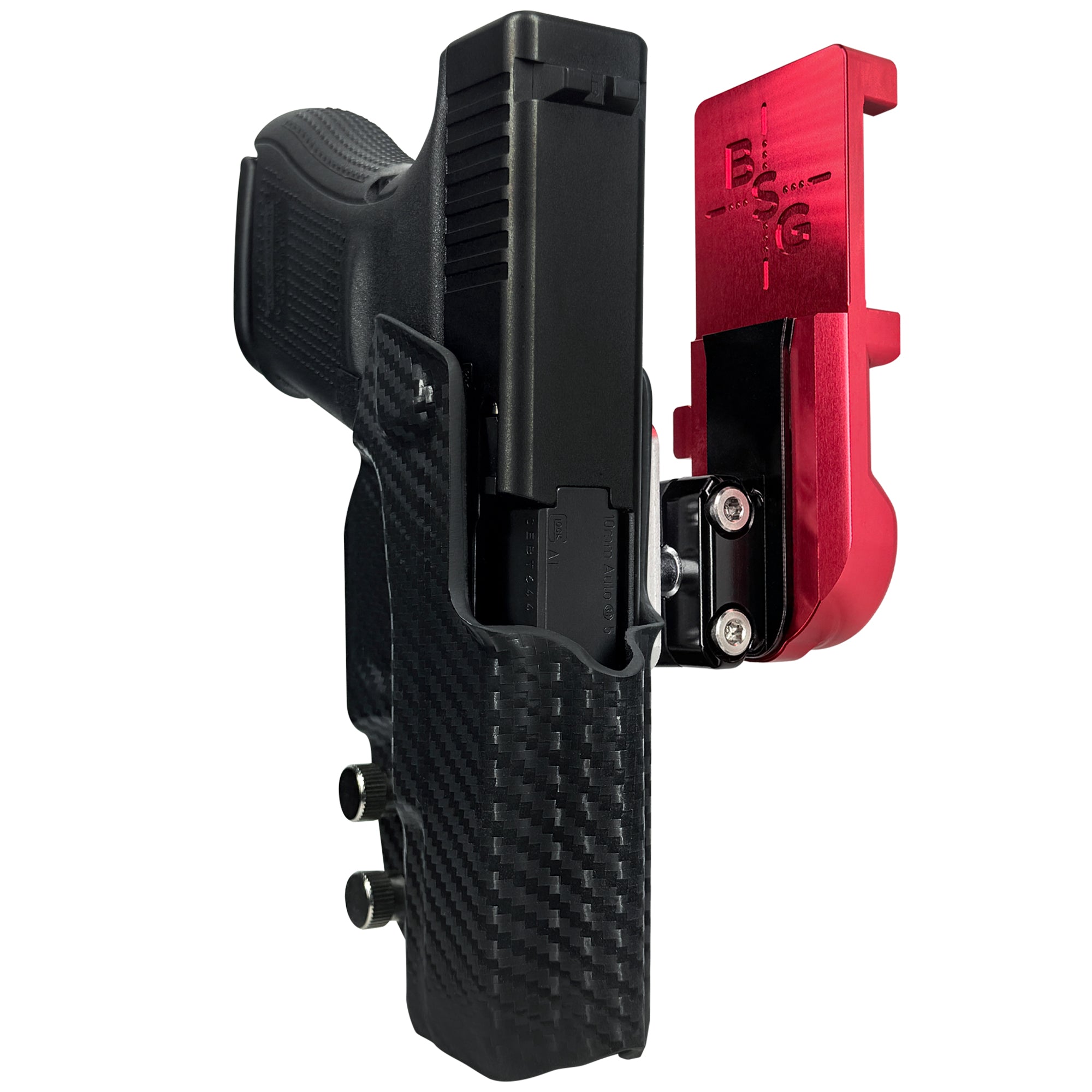 Glock 29 Gen 5 IPSC/USPA Quick Mount Ball Joint Holster with Red Belt Attachment, Carbon Fiber Holster Shell