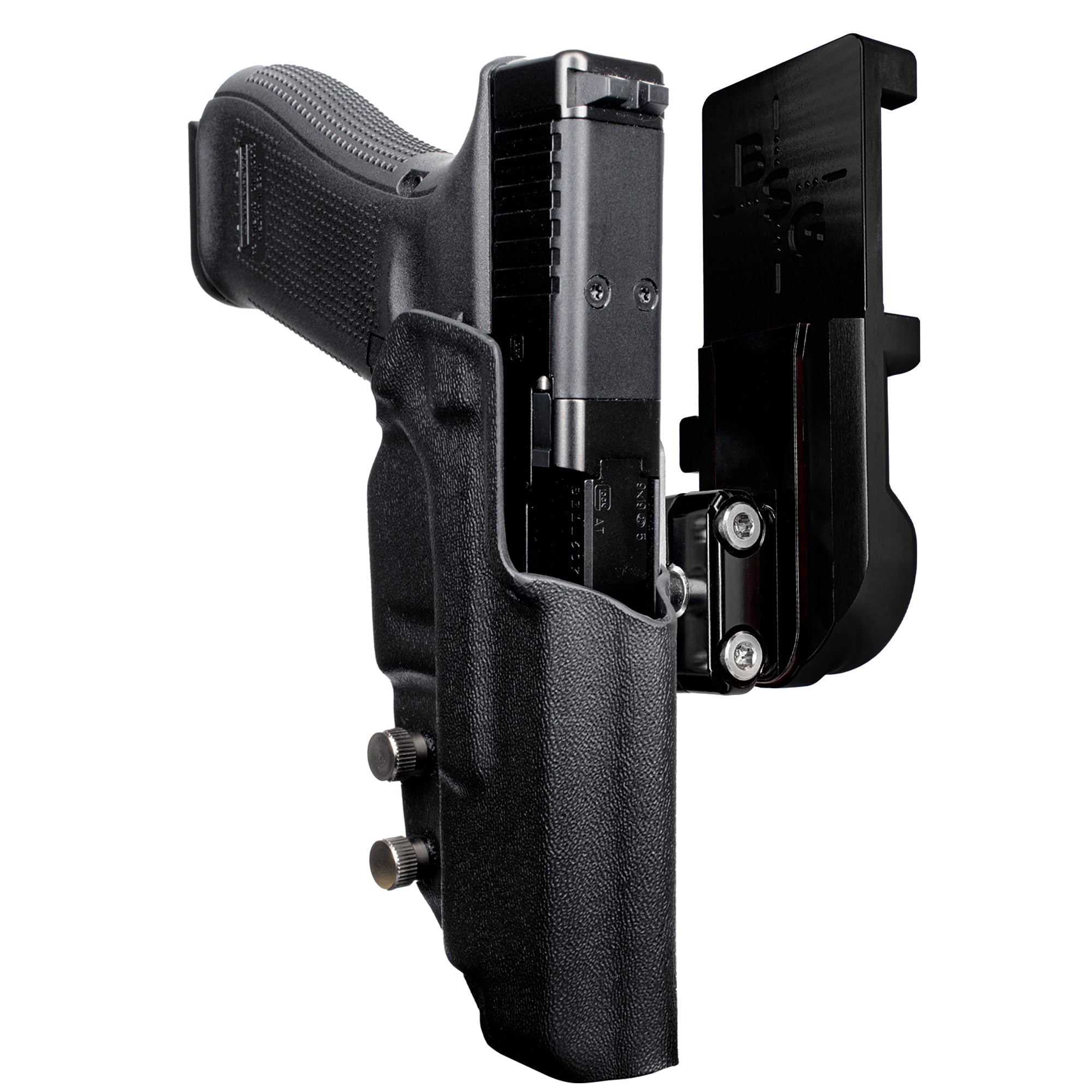 Glock 34 w/ Align Tactical IPSC/USPA Quick Mount Ball Joint Holster with Black Belt Attachment, Black Holster Shell