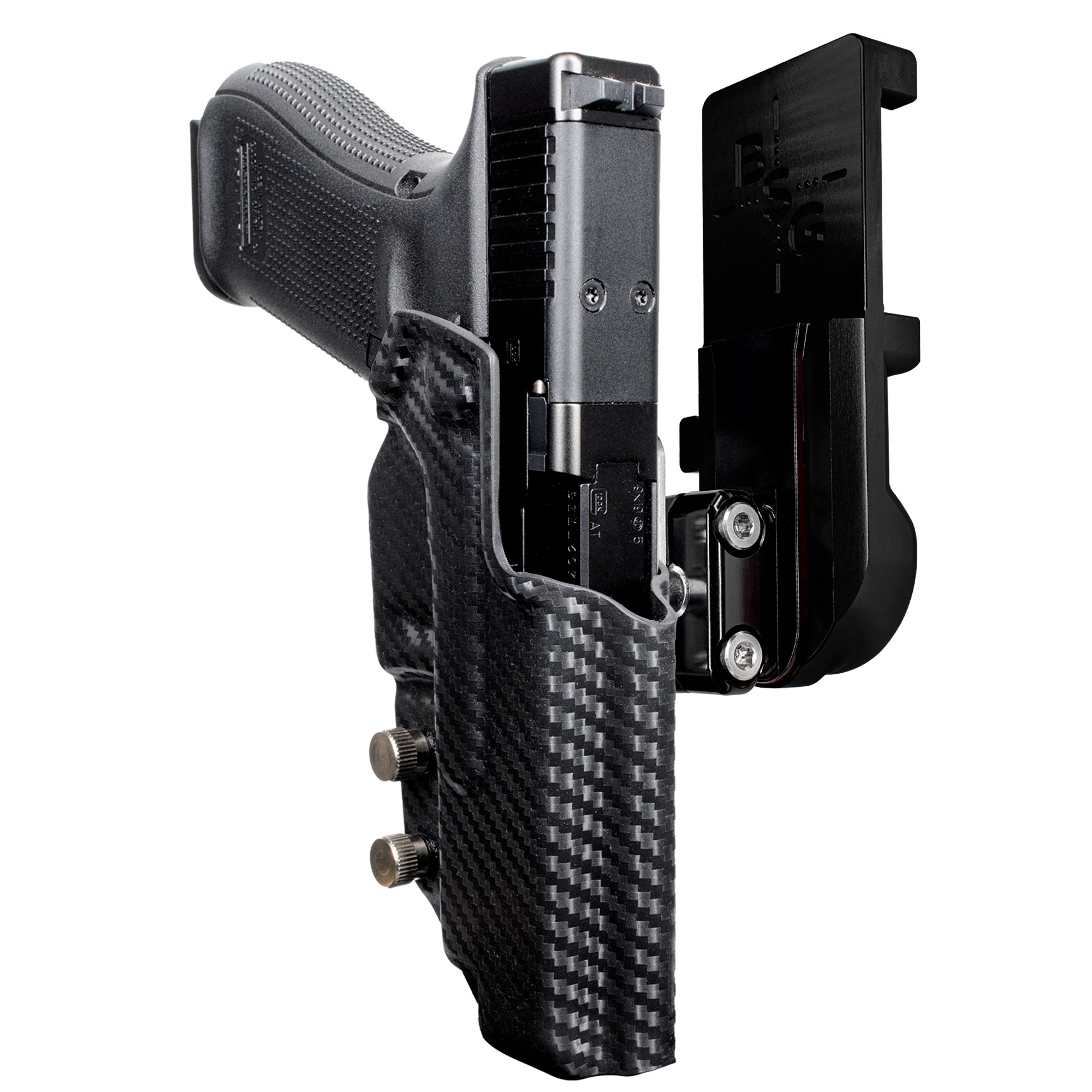 Glock 34 All Gens IPSC/USPA Quick Mount Ball Joint Holster with Black Belt Attachment, Carbon Fiber Holster Shell